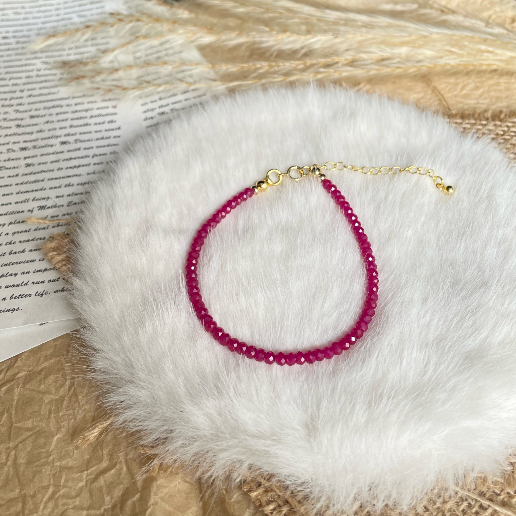 Handmade Minimal Ruby Faceted Bead Bracelet Dainty July Birthstone Jewelry 925 Gold Vermeil