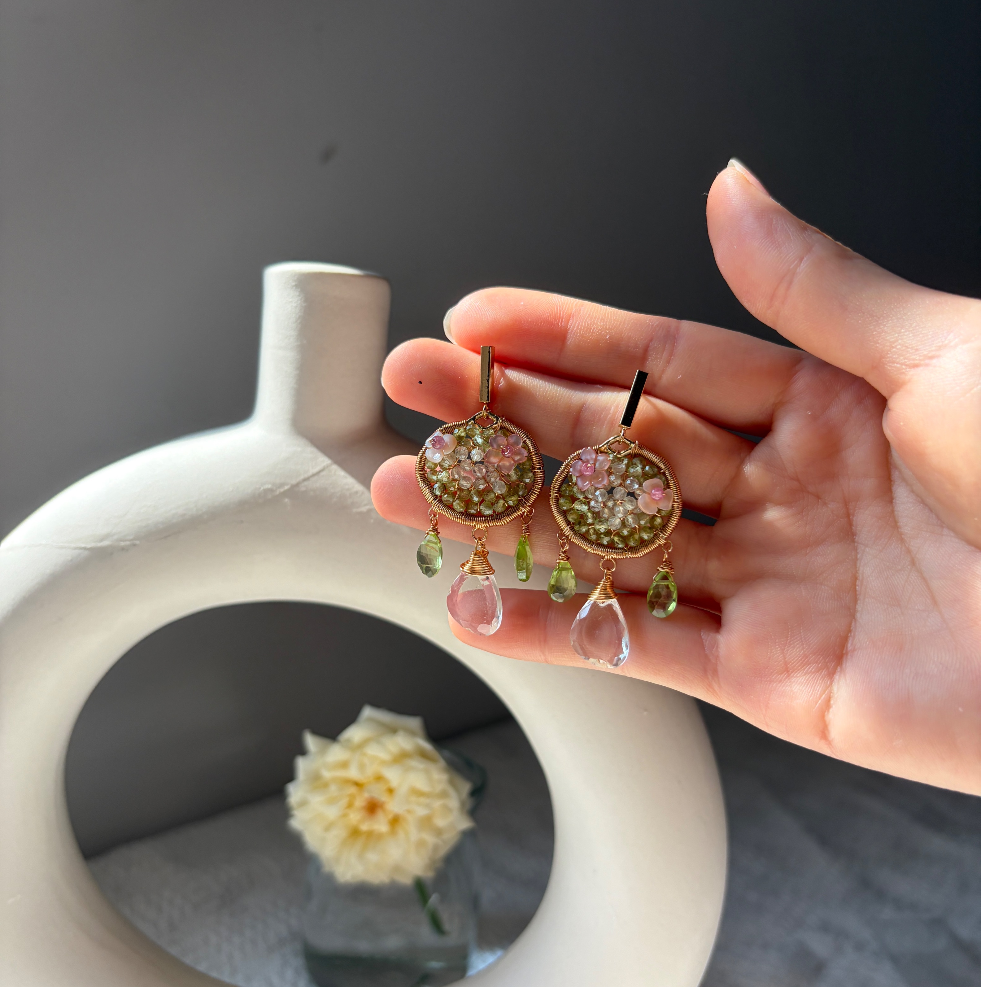 Handmade Summer Wind and Falling Dew Drops Earrings Peridot, Prehnite and Clear Quartz Fairycore Earrings