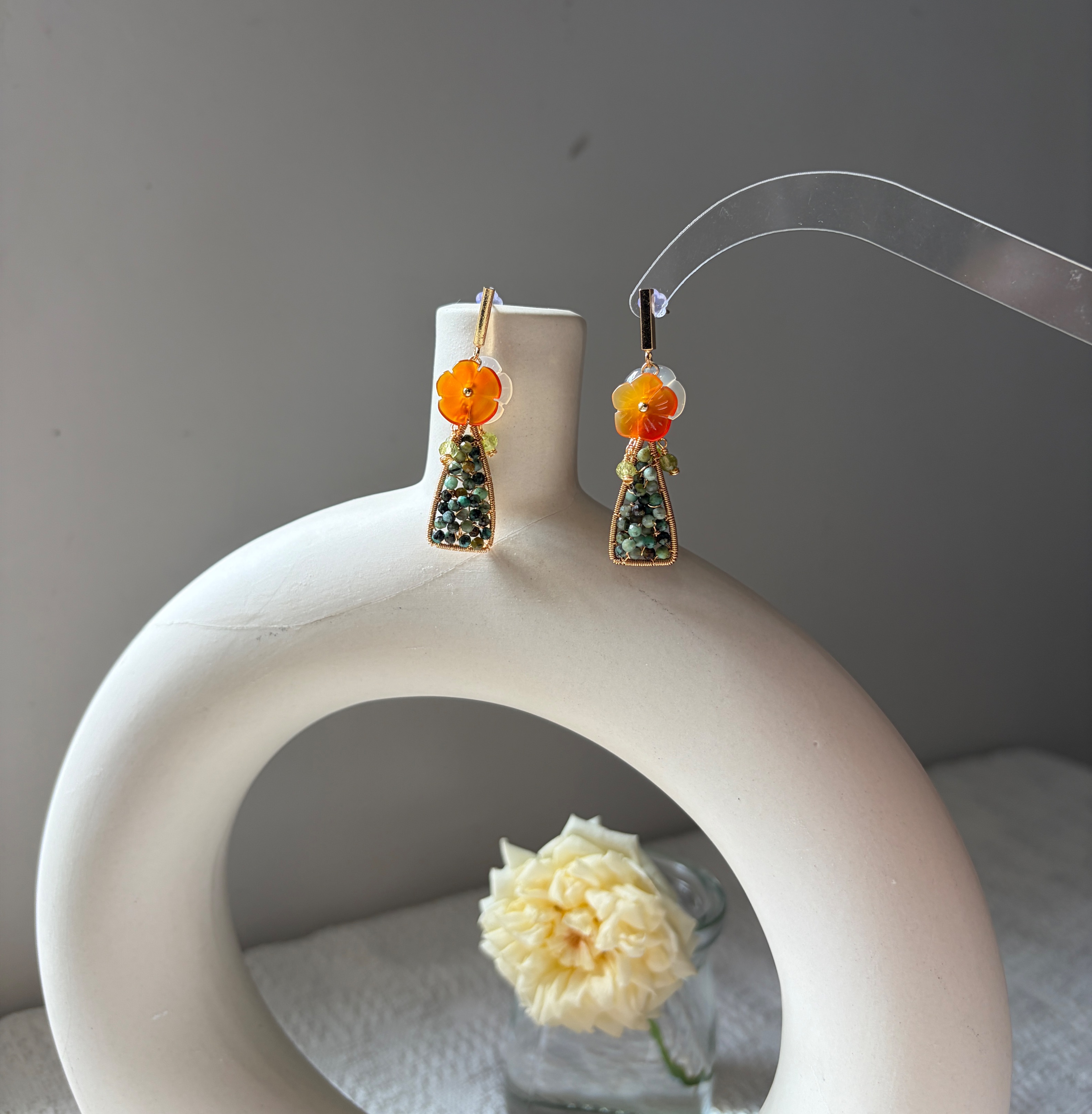 Handmade Message in a Bottle Summer Flower Earrings Indian Agate, Carnelian and Peridot Floral Earrings