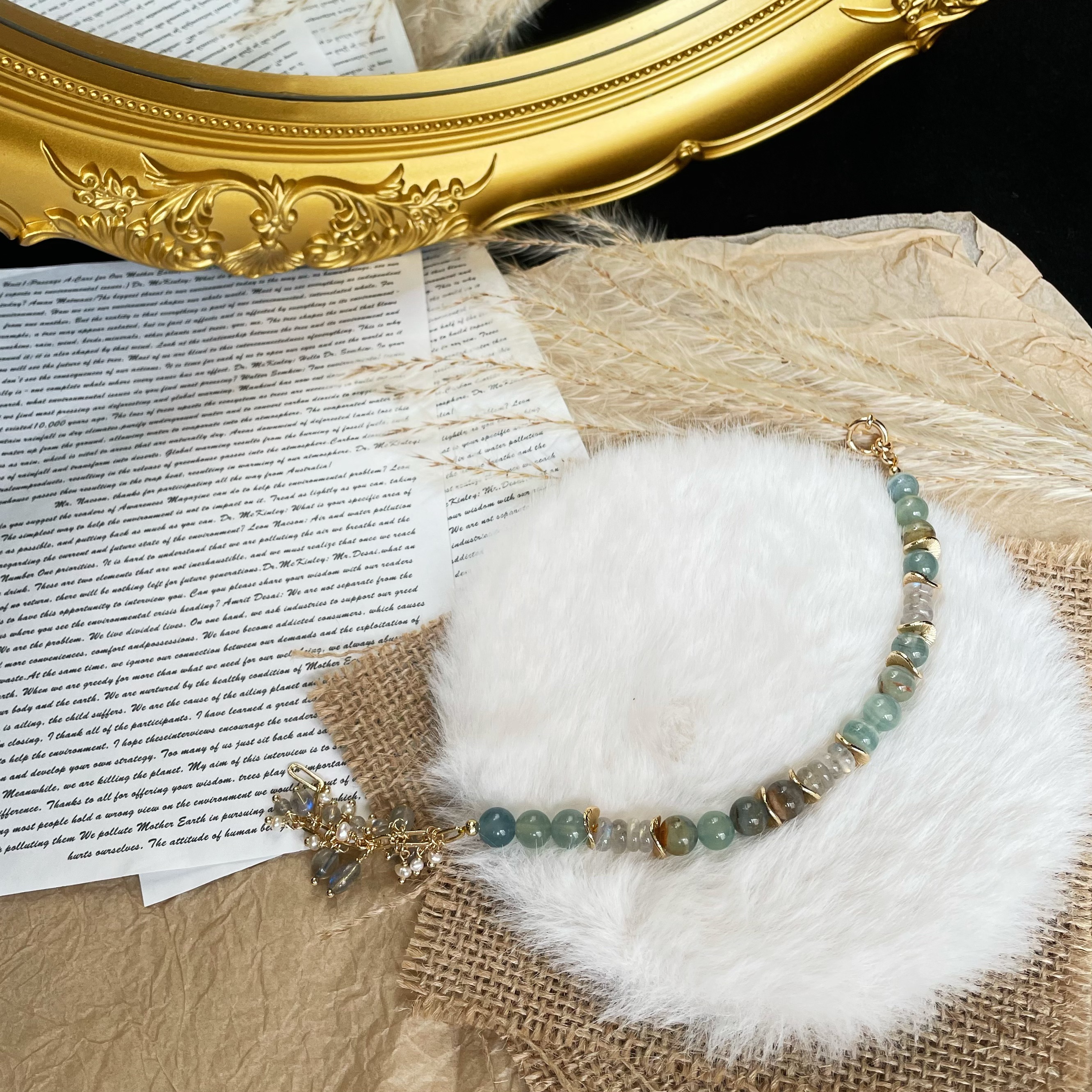 Handmade Mystic Labradorite and Blue Calcite Bracelet with Dainty Tassel