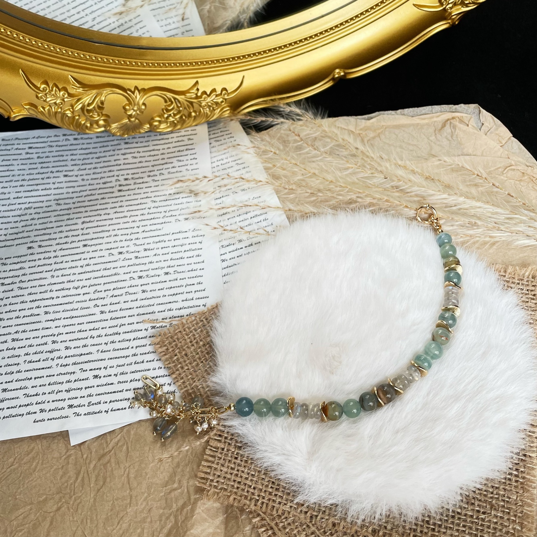 Handmade Mystic Labradorite and Blue Calcite Bracelet with Dainty Tassel