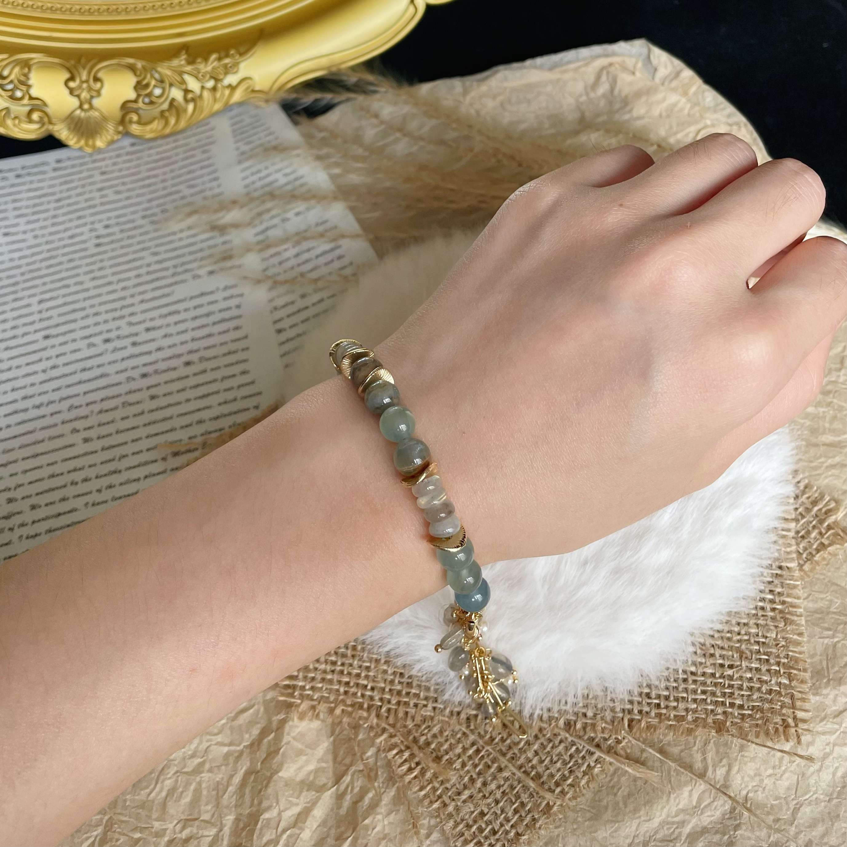 Handmade Mystic Labradorite and Blue Calcite Bracelet with Dainty Tassel