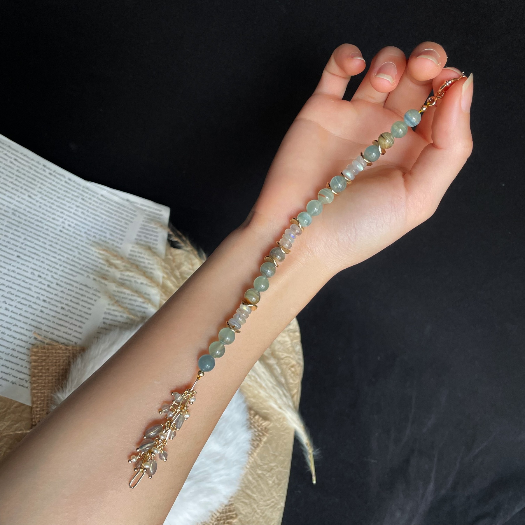 Handmade Mystic Labradorite and Blue Calcite Bracelet with Dainty Tassel