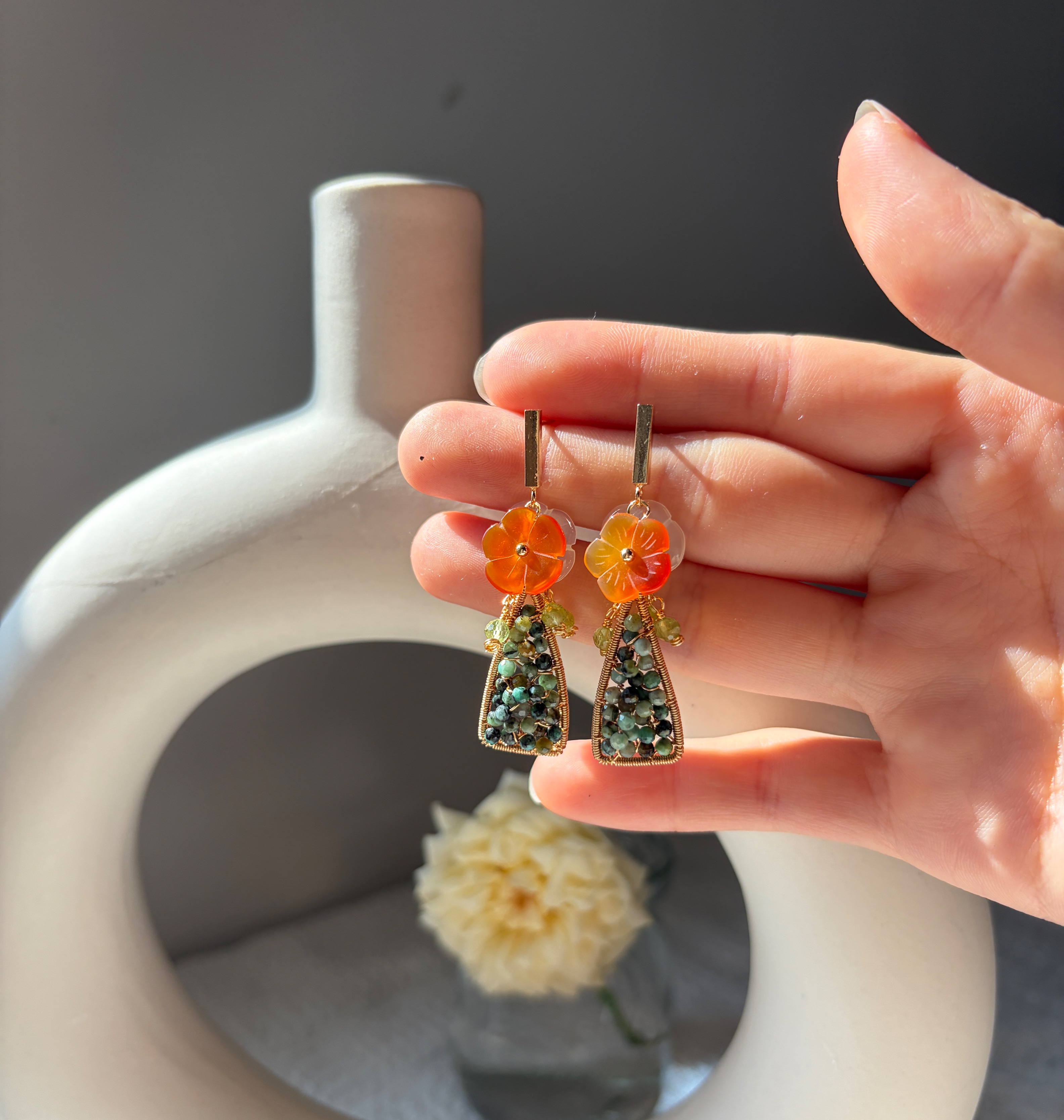 Handmade Message in a Bottle Summer Flower Earrings Indian Agate, Carnelian and Peridot Floral Earrings