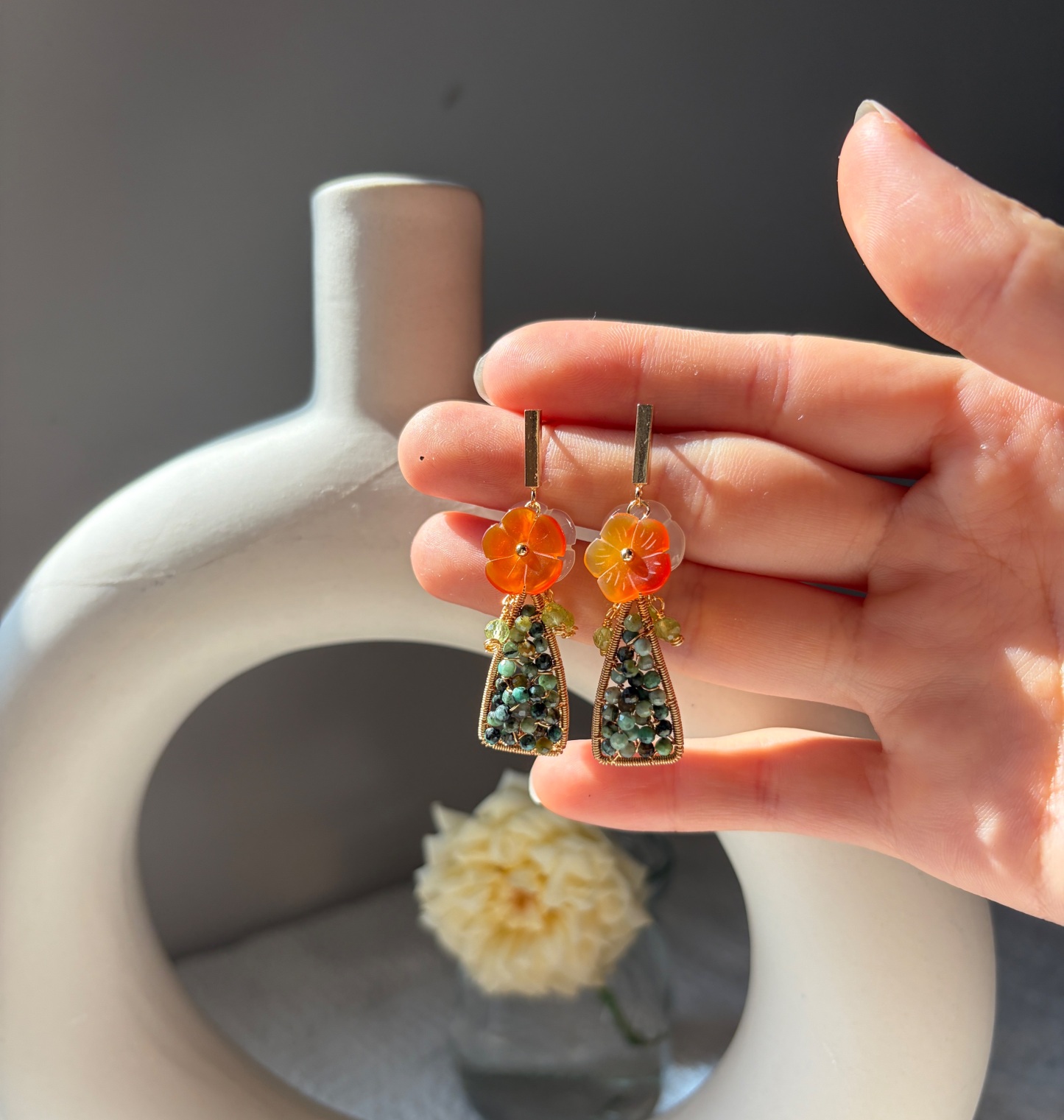 Handmade Message in a Bottle Summer Flower Earrings Indian Agate, Carnelian and Peridot Floral Earrings