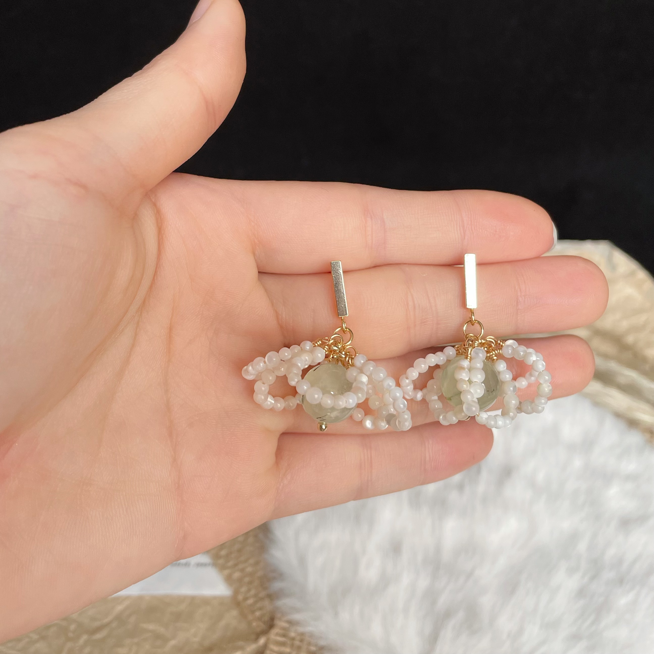 Handmade Fresh Floral Drop Earrings Mother of Pearl Petals and Green Prehnite Center