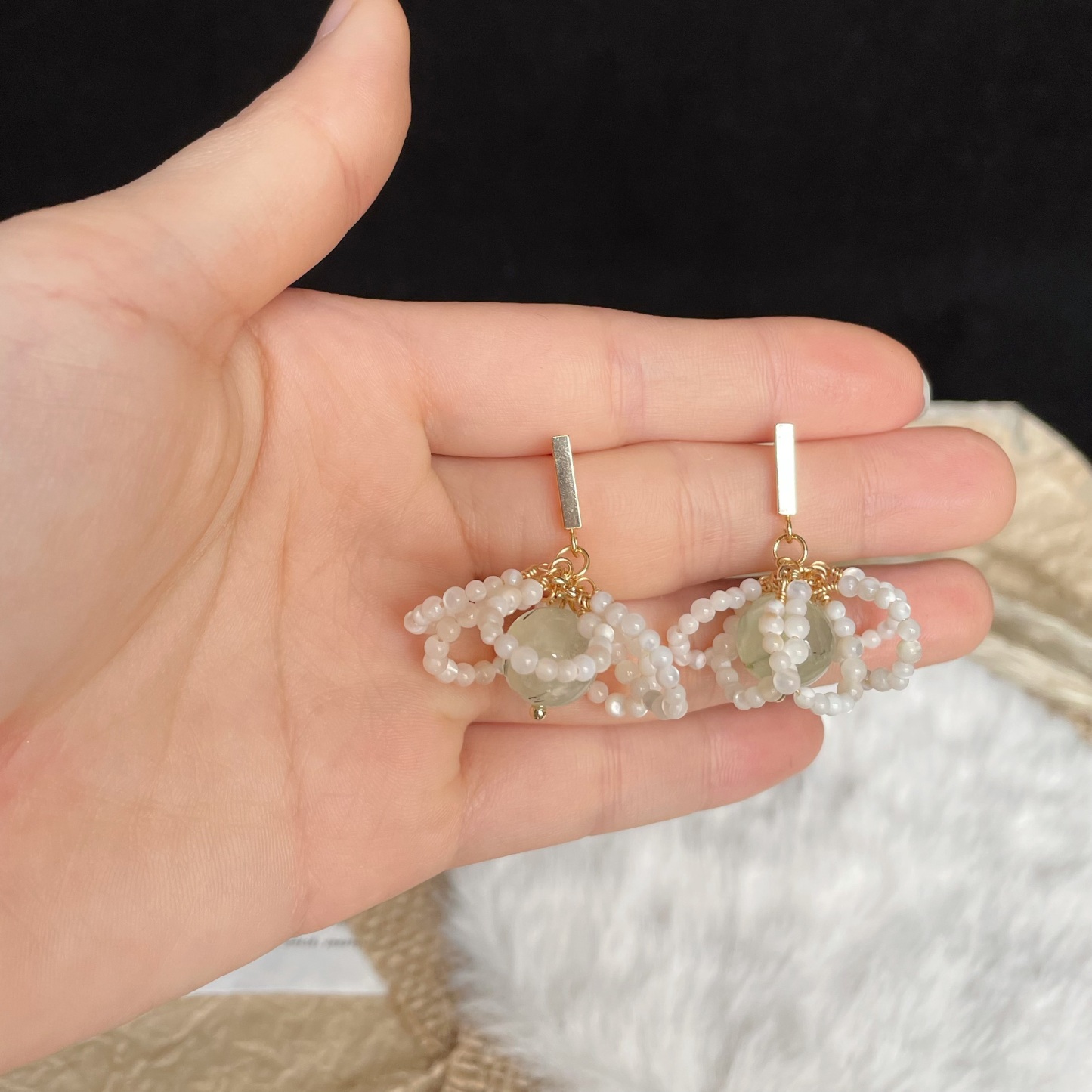 Handmade Fresh Floral Drop Earrings Mother of Pearl Petals and Green Prehnite Center