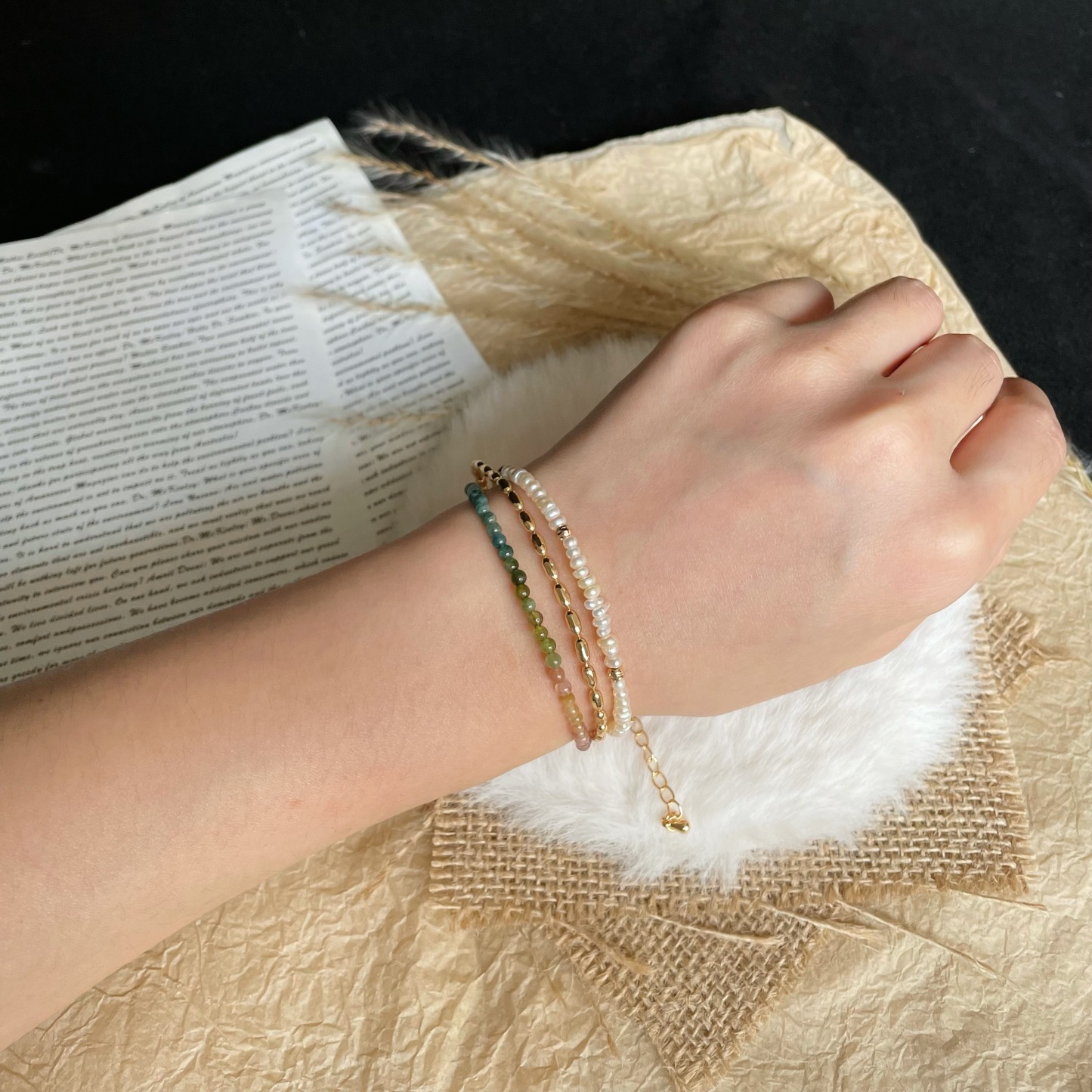 Handmade Tourmaline and Pearl Layered Bracelet with Gold Rice Chain Colorful Gemstone Dainty Bracelet