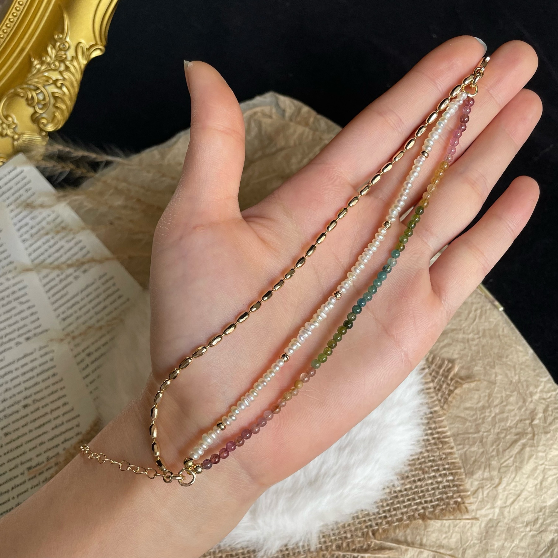 Handmade Tourmaline and Pearl Layered Bracelet with Gold Rice Chain Colorful Gemstone Dainty Bracelet