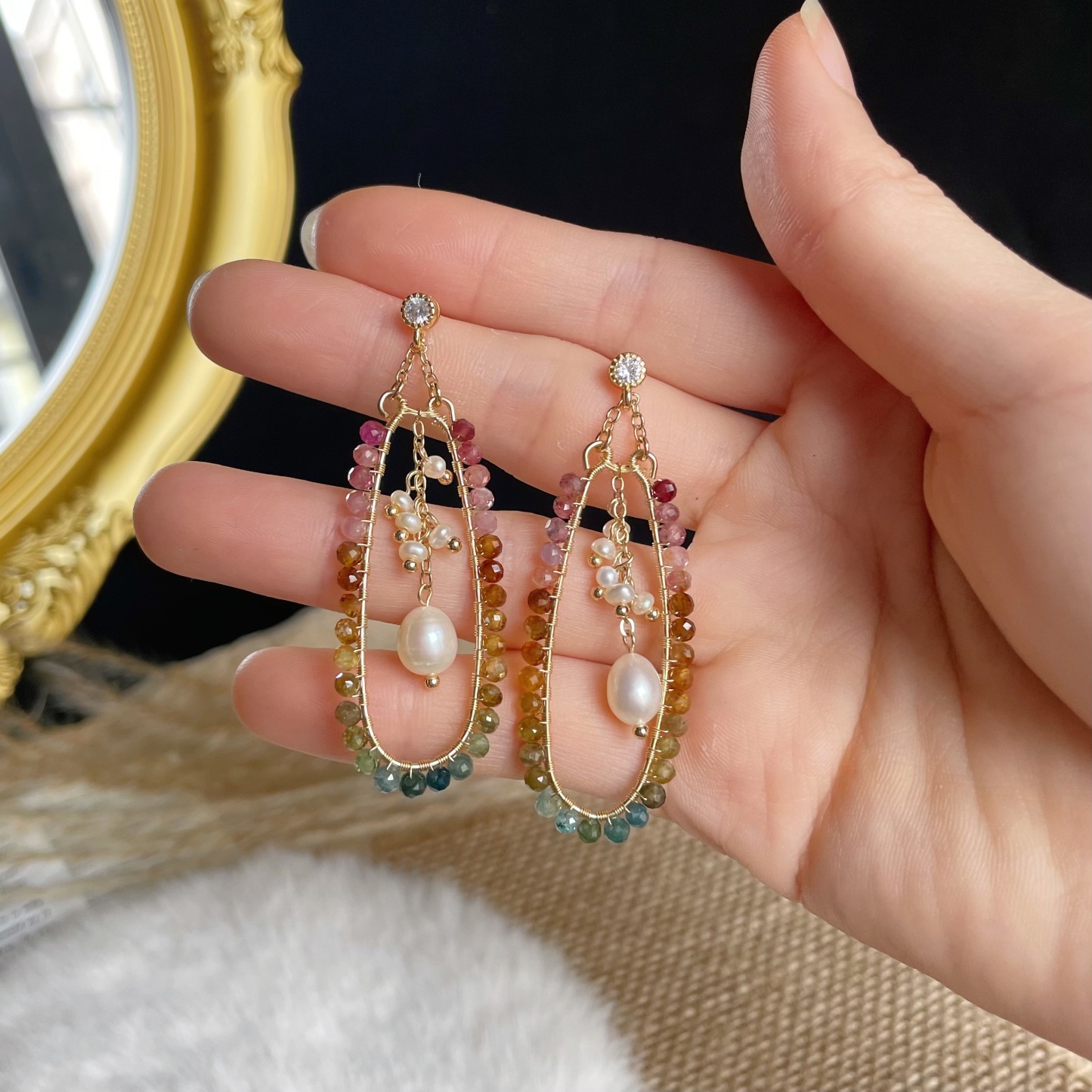 Handmade Wire Wrapped Color Gradient Tourmaline Hoop Earrings with Freshwater Pearl Tassel