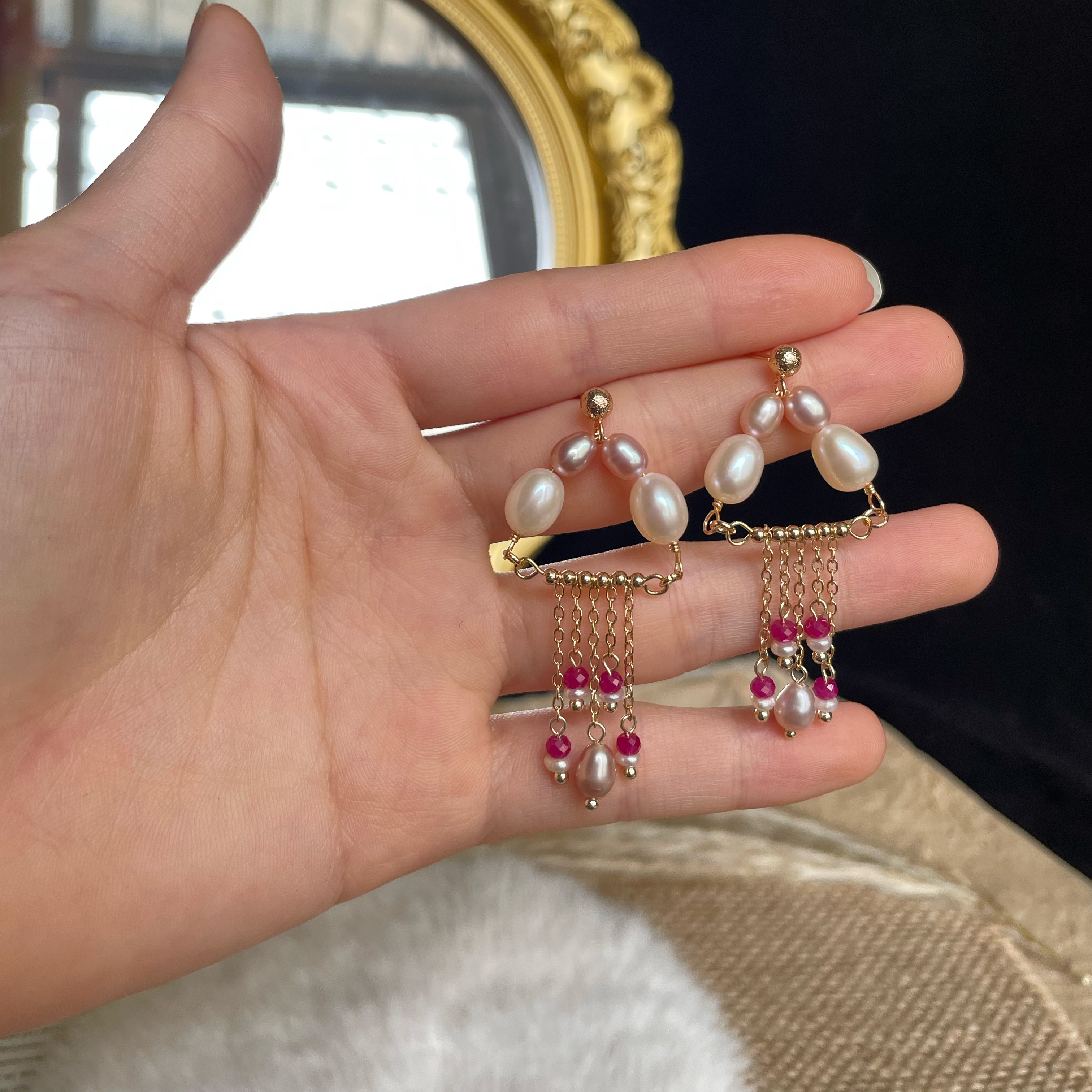 Handmade Pink Jellyfish Inspired Pearl and Ruby Tassel Drop Earrings