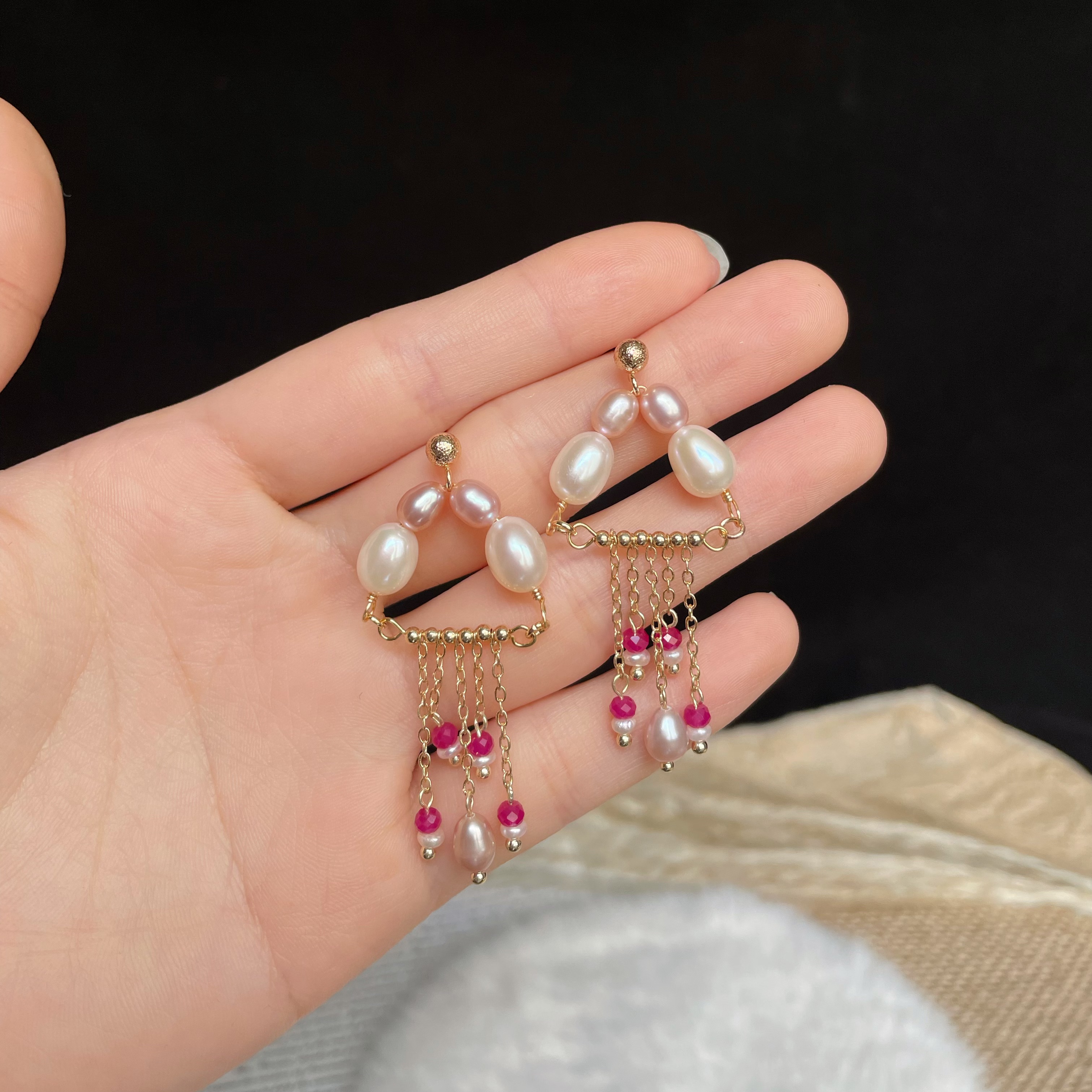 Handmade Pink Jellyfish Inspired Pearl and Ruby Tassel Drop Earrings