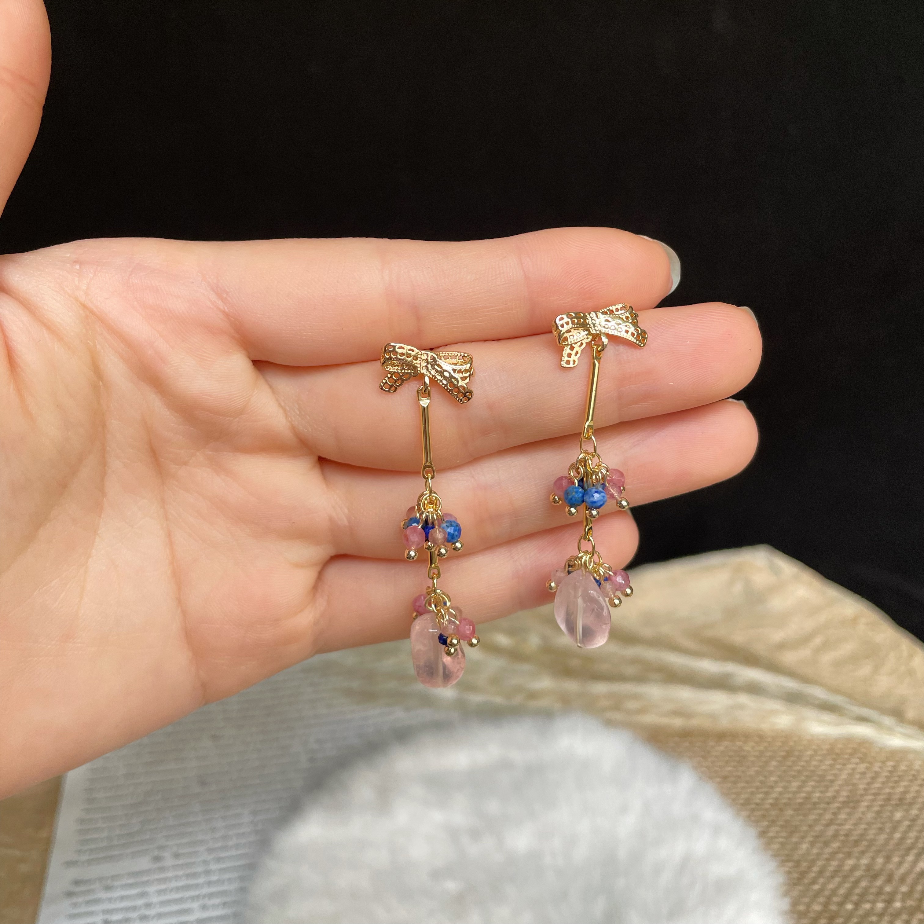 Handmade Dainty Pink Tourmaline and Lapis Lazuli Layered Tassel with Rose Quartz Dangle Drop Earrings
