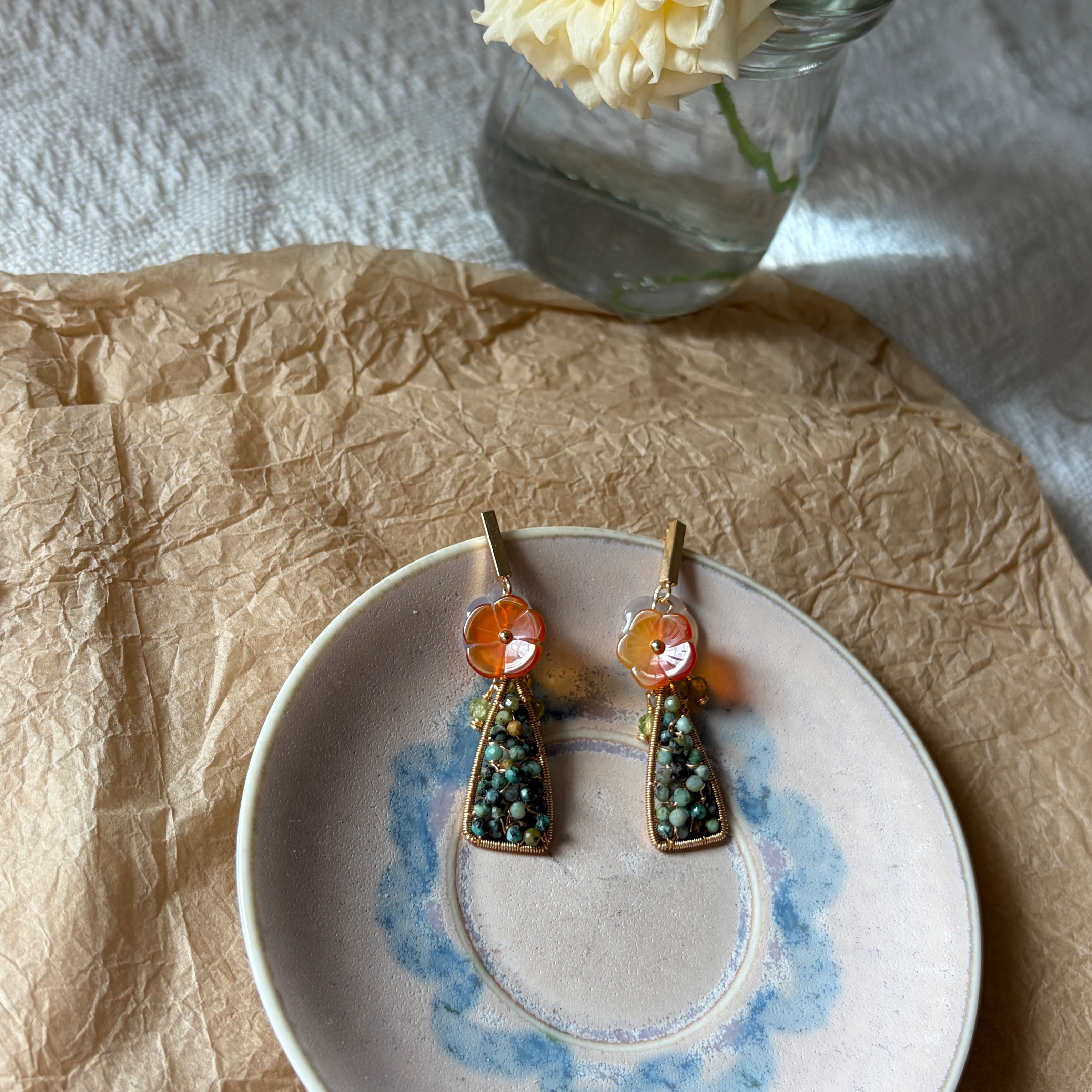 Handmade Message in a Bottle Summer Flower Earrings Indian Agate, Carnelian and Peridot Floral Earrings