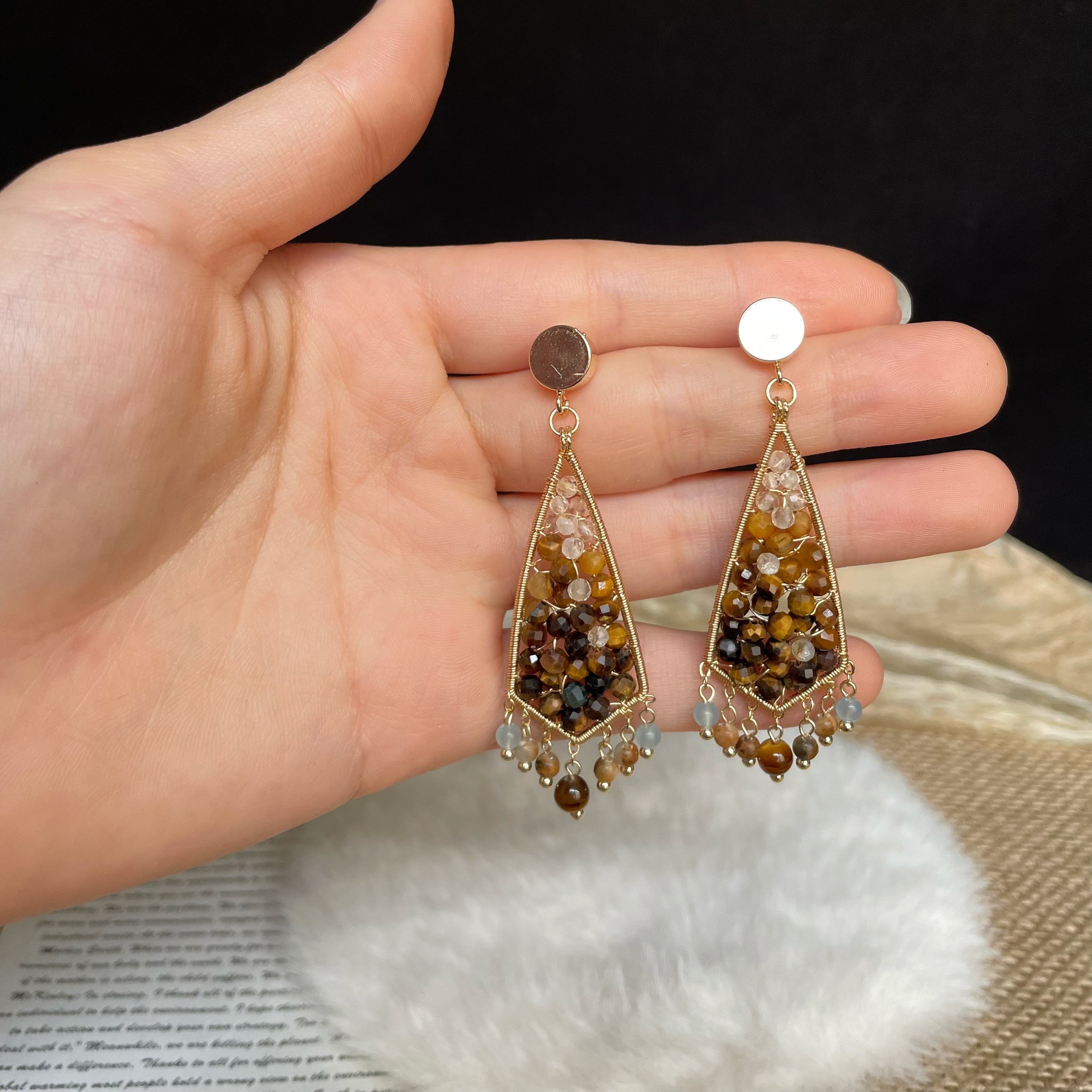 Handmade Autumn Statement Tiger’s Eye Geometric Wire Wrapped Earrings