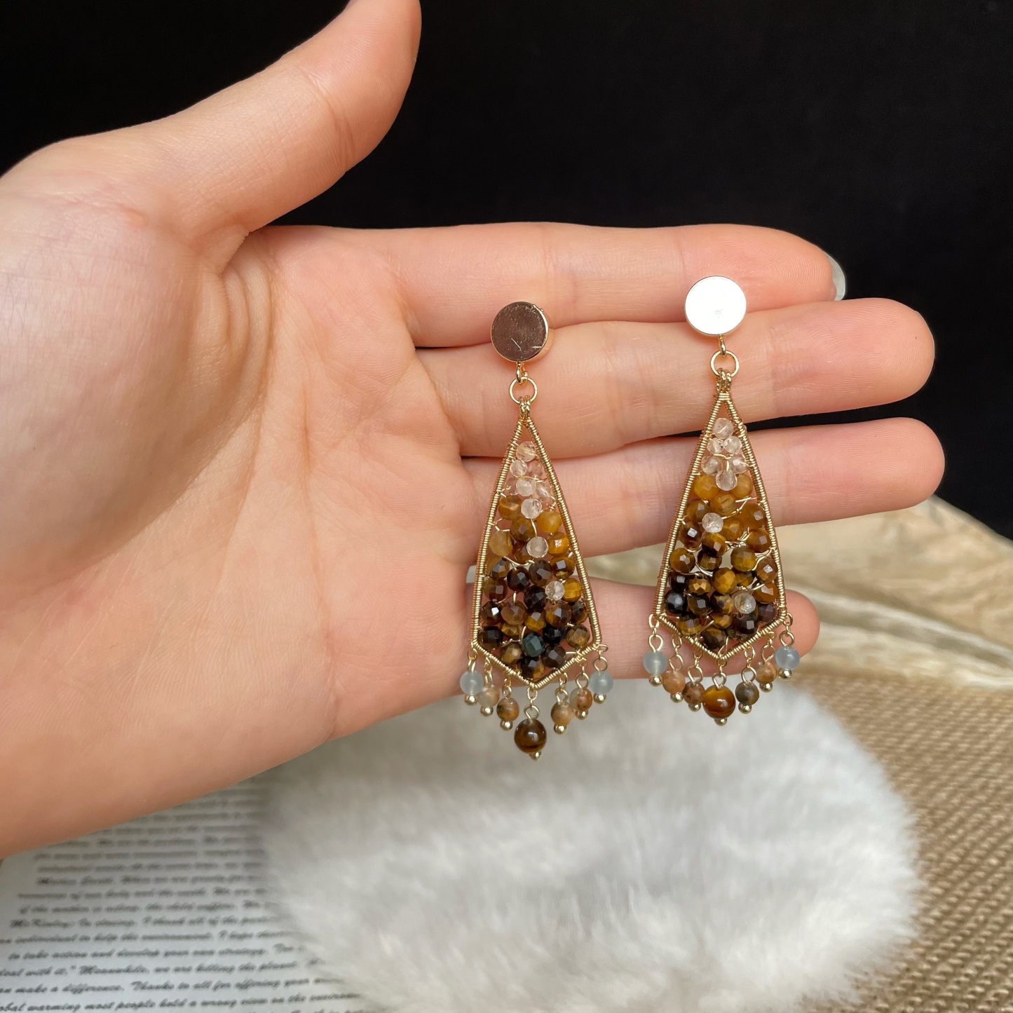 Handmade Autumn Statement Tiger’s Eye Geometric Wire Wrapped Earrings