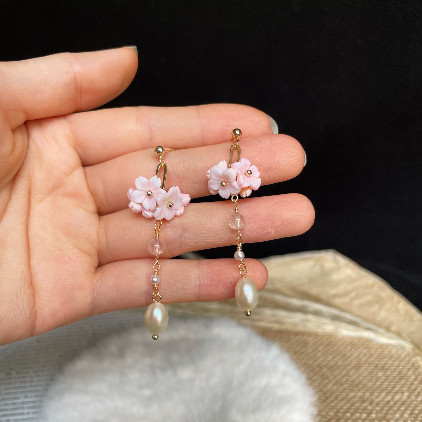 Handmade Romantic Floral Pink Mother of Pearl Flowers and Pearl Drop Earrings