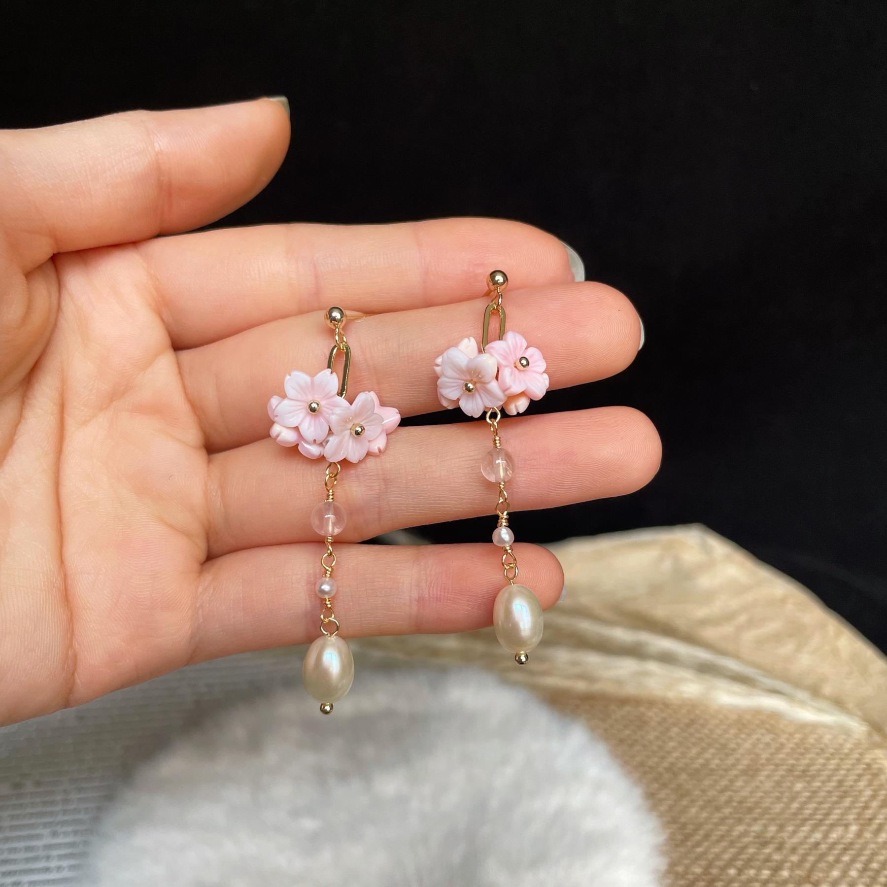Handmade Romantic Floral Pink Mother of Pearl Flowers and Pearl Drop Earrings