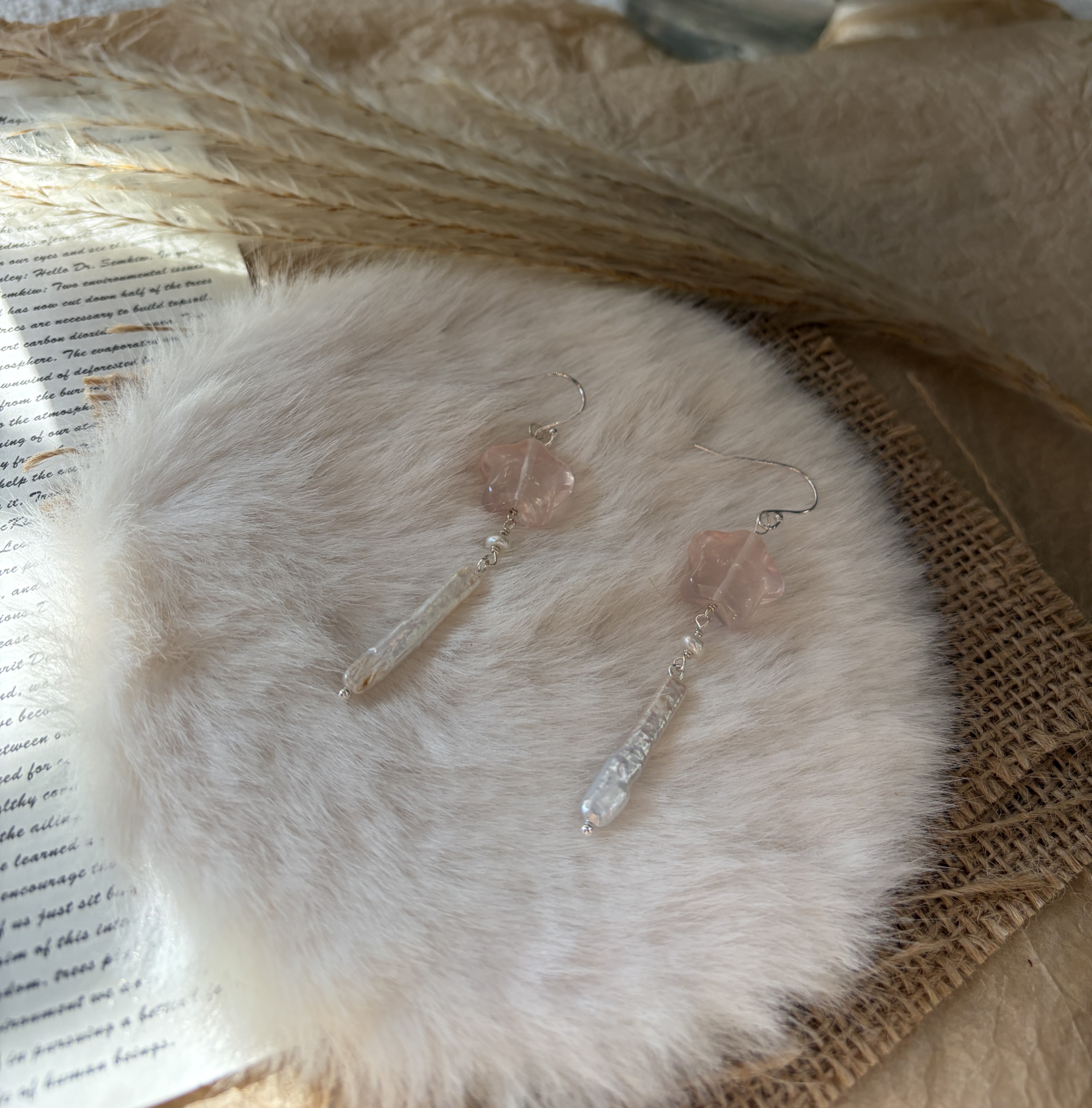 Handmade Pink Starfall Earrings Rose Quartz Star and Baroque Pearl