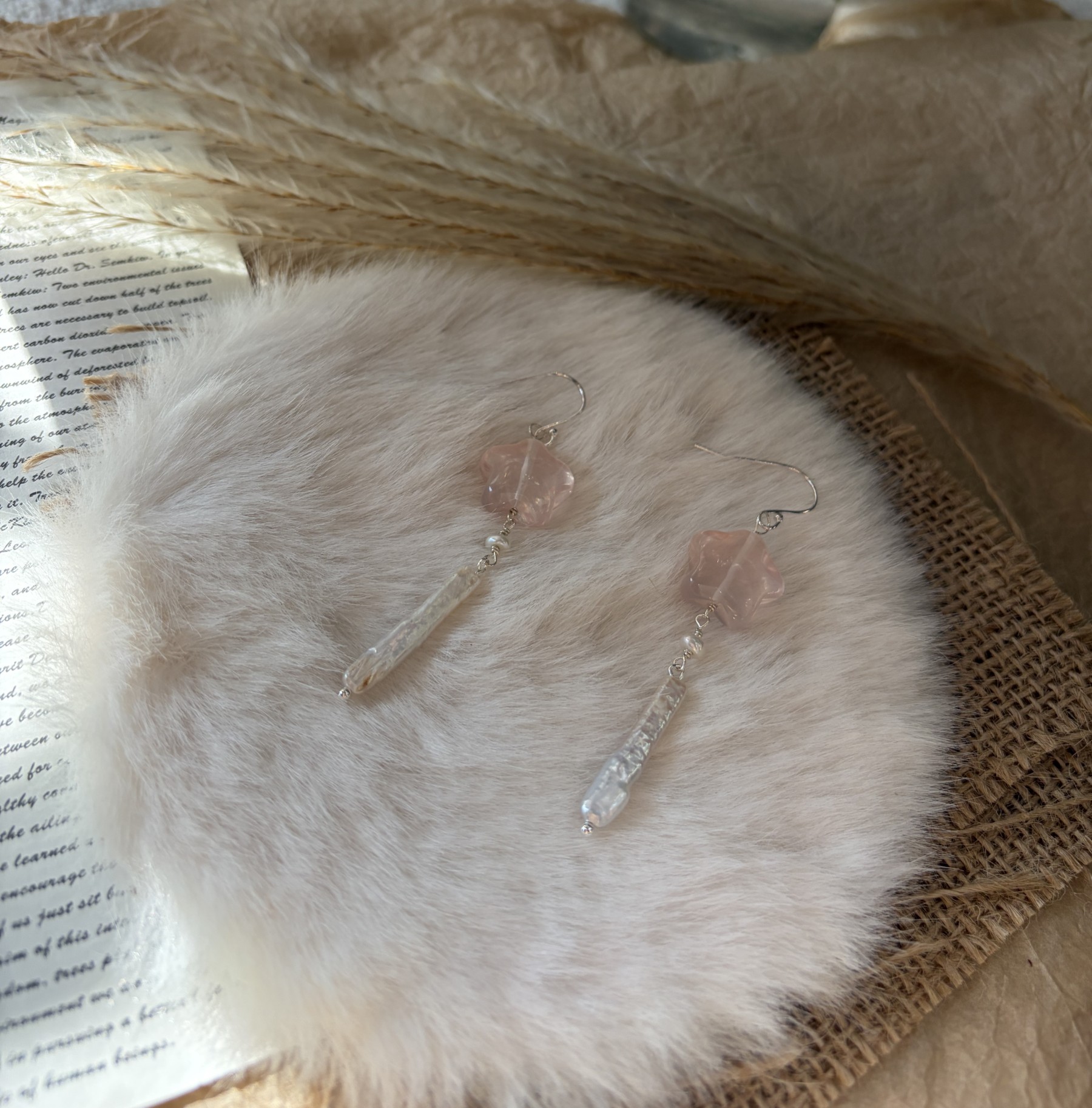 Handmade Pink Starfall Earrings Rose Quartz Star and Baroque Pearl