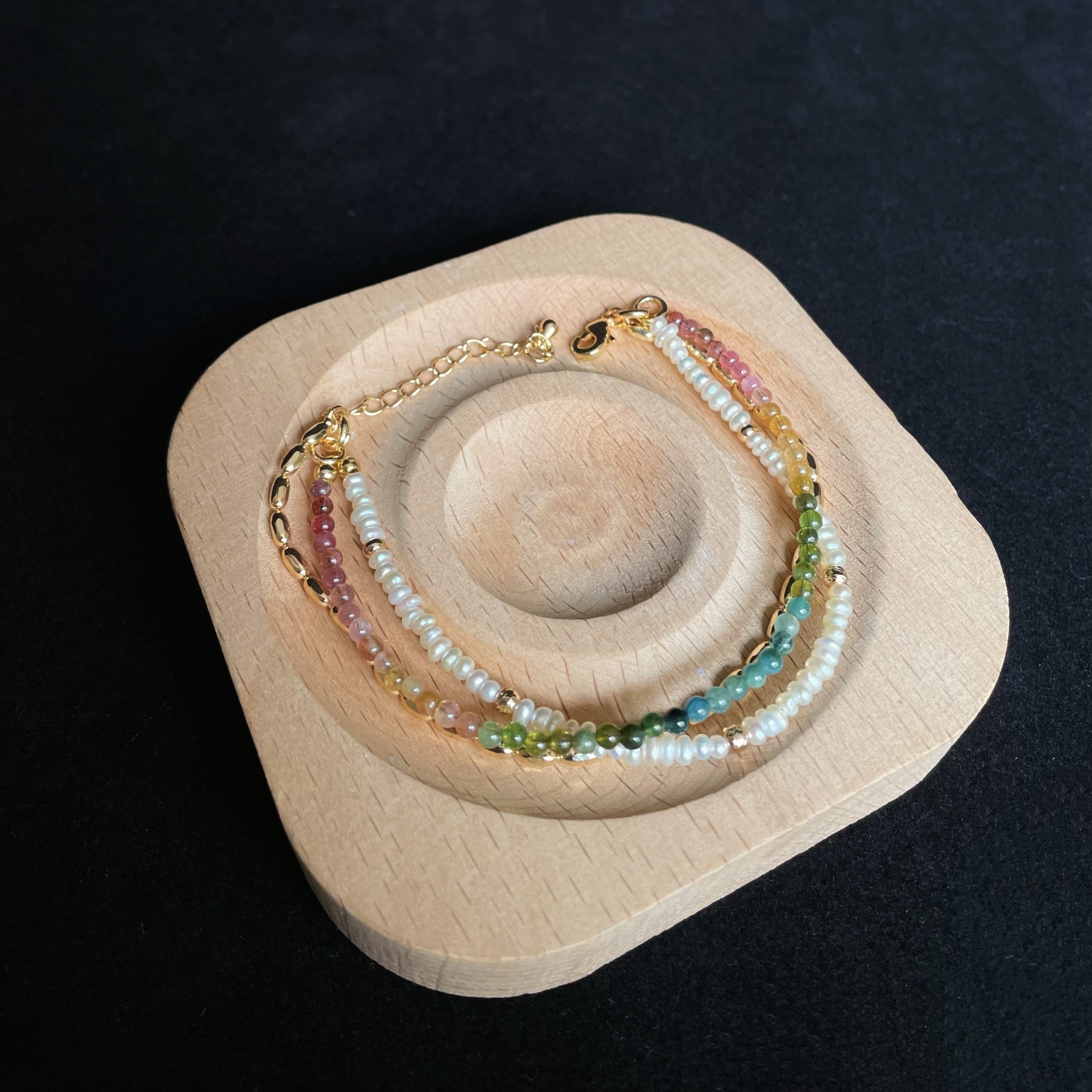 Handmade Tourmaline and Pearl Layered Bracelet with Gold Rice Chain Colorful Gemstone Dainty Bracelet