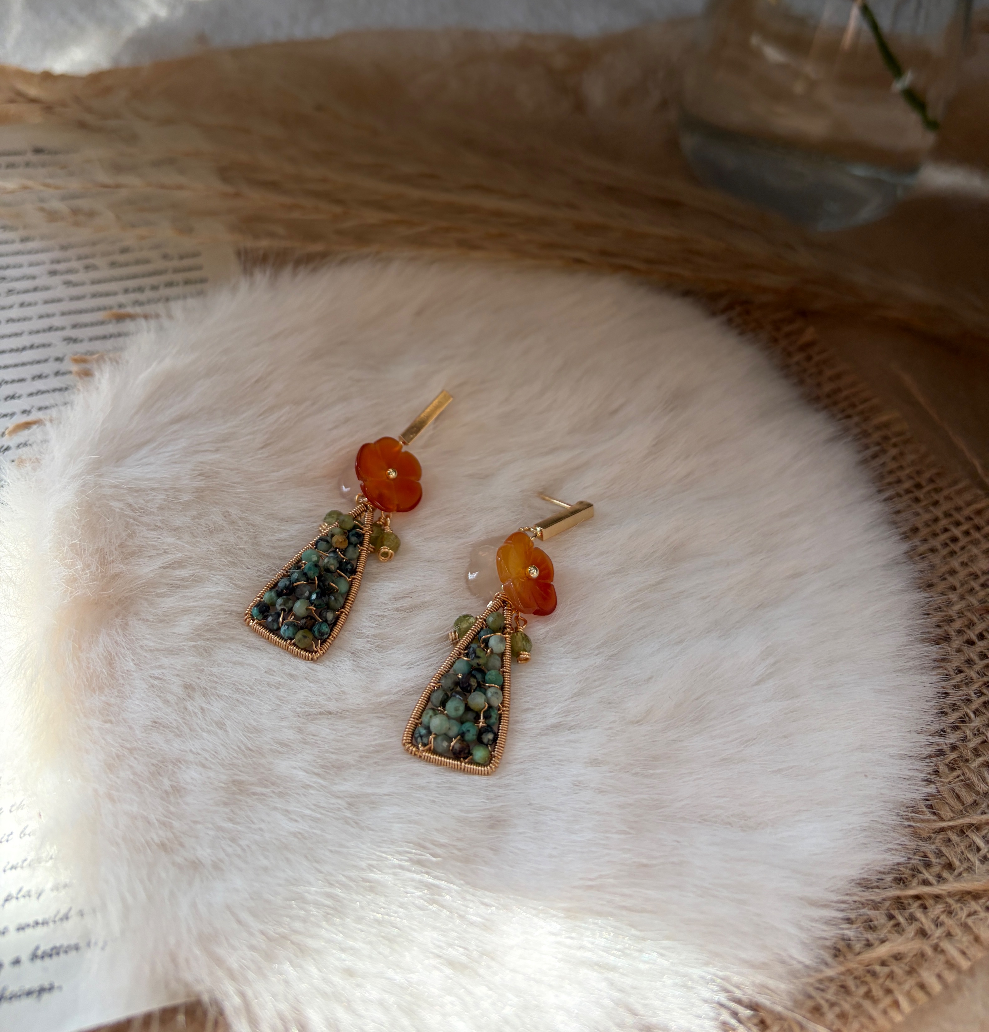 Handmade Message in a Bottle Summer Flower Earrings Indian Agate, Carnelian and Peridot Floral Earrings
