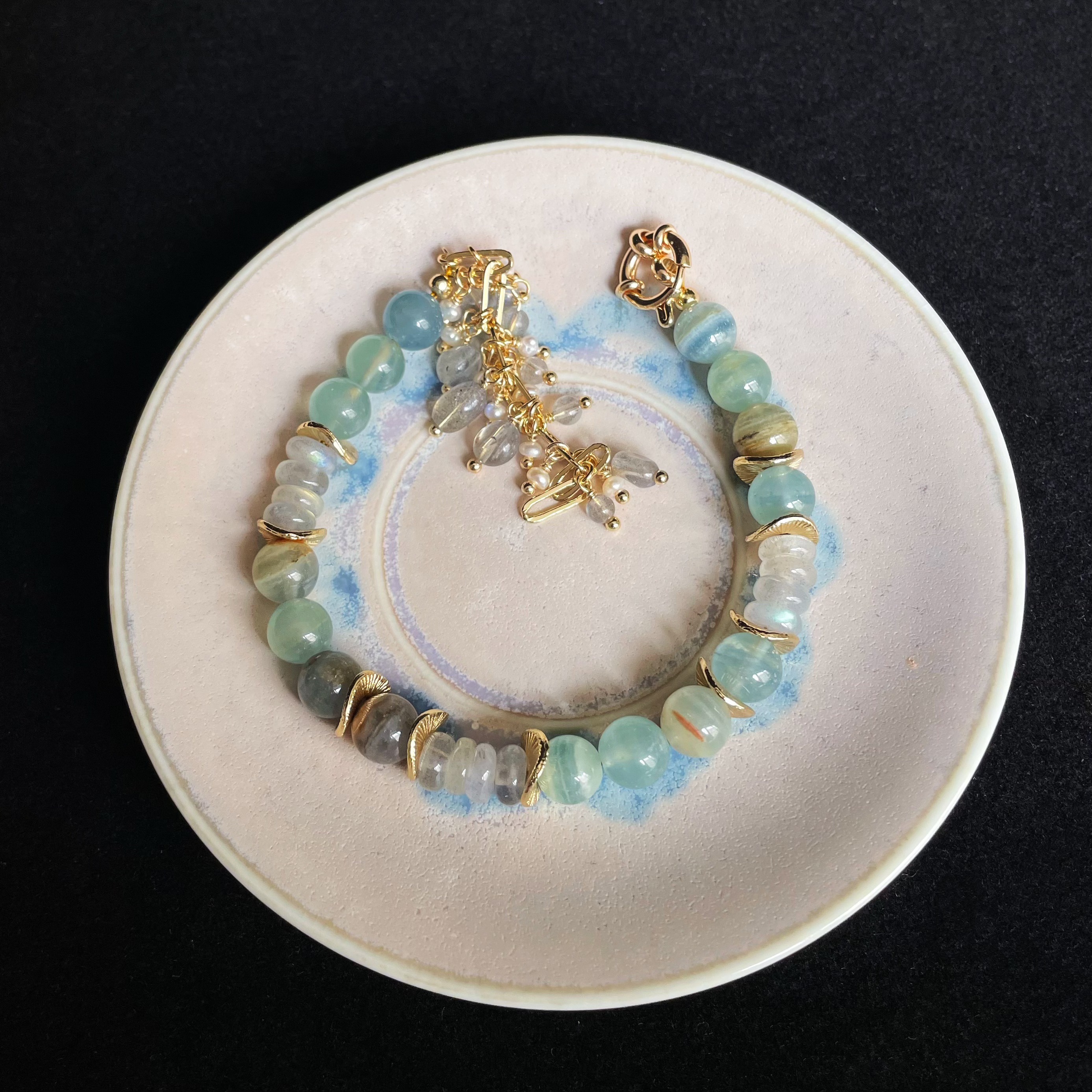 Handmade Mystic Labradorite and Blue Calcite Bracelet with Dainty Tassel