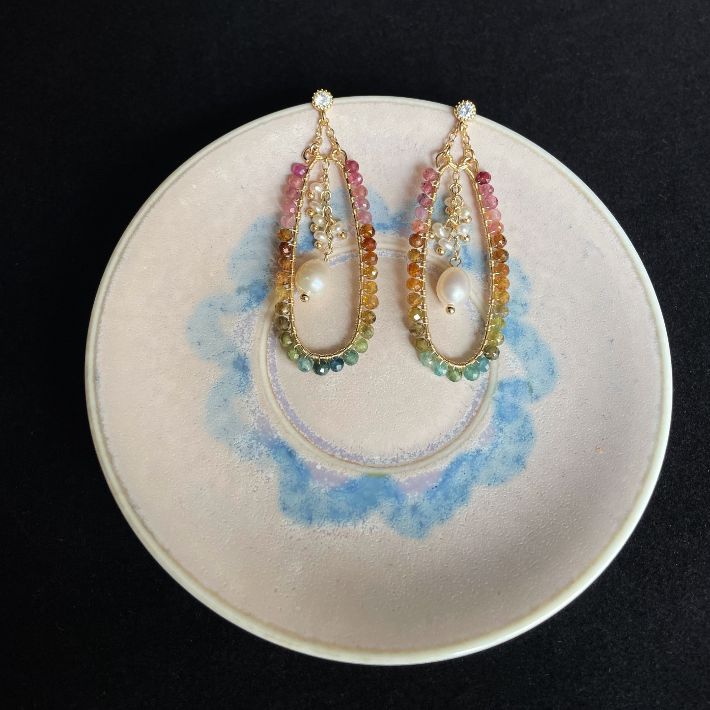 Handmade Wire Wrapped Color Gradient Tourmaline Hoop Earrings with Freshwater Pearl Tassel