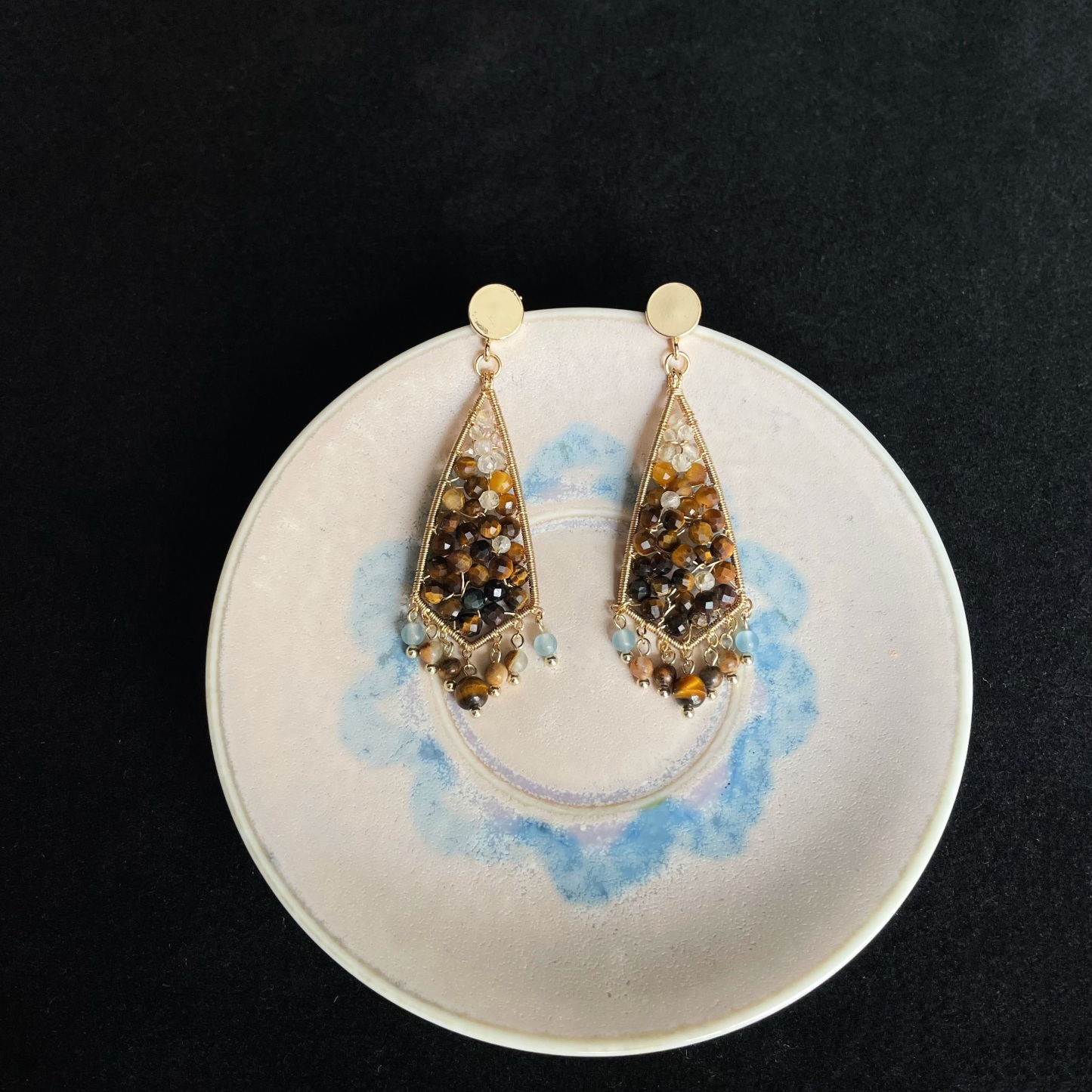 Handmade Autumn Statement Tiger’s Eye Geometric Wire Wrapped Earrings