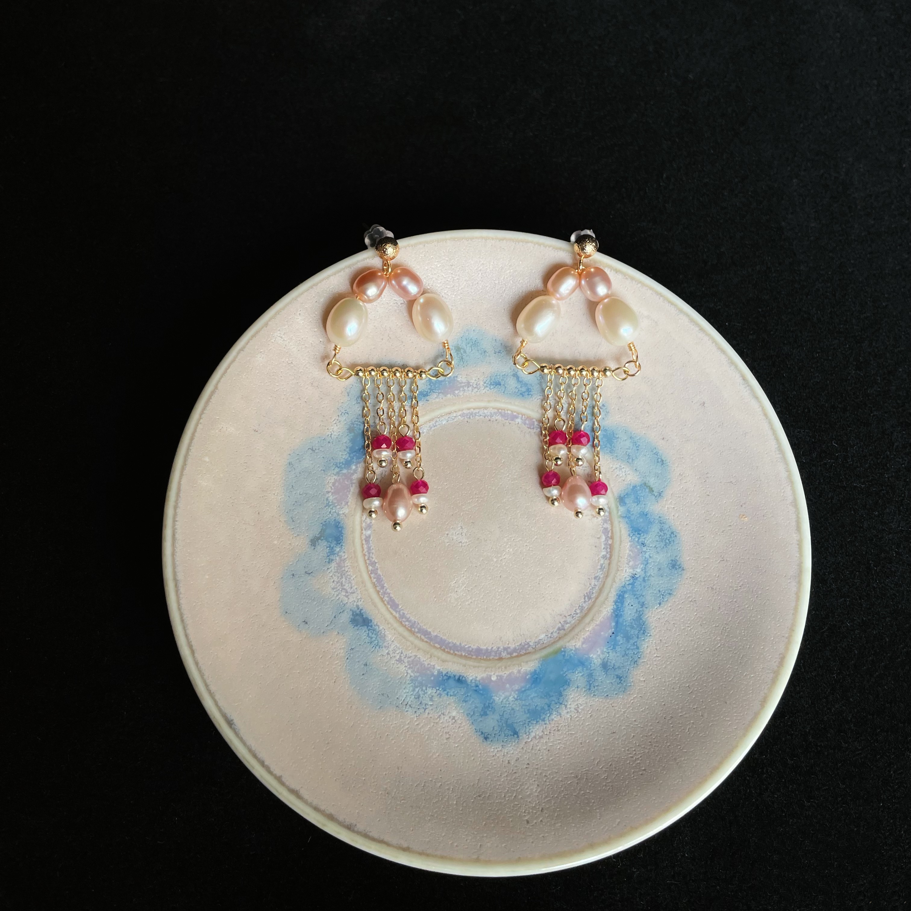 Handmade Pink Jellyfish Inspired Pearl and Ruby Tassel Drop Earrings