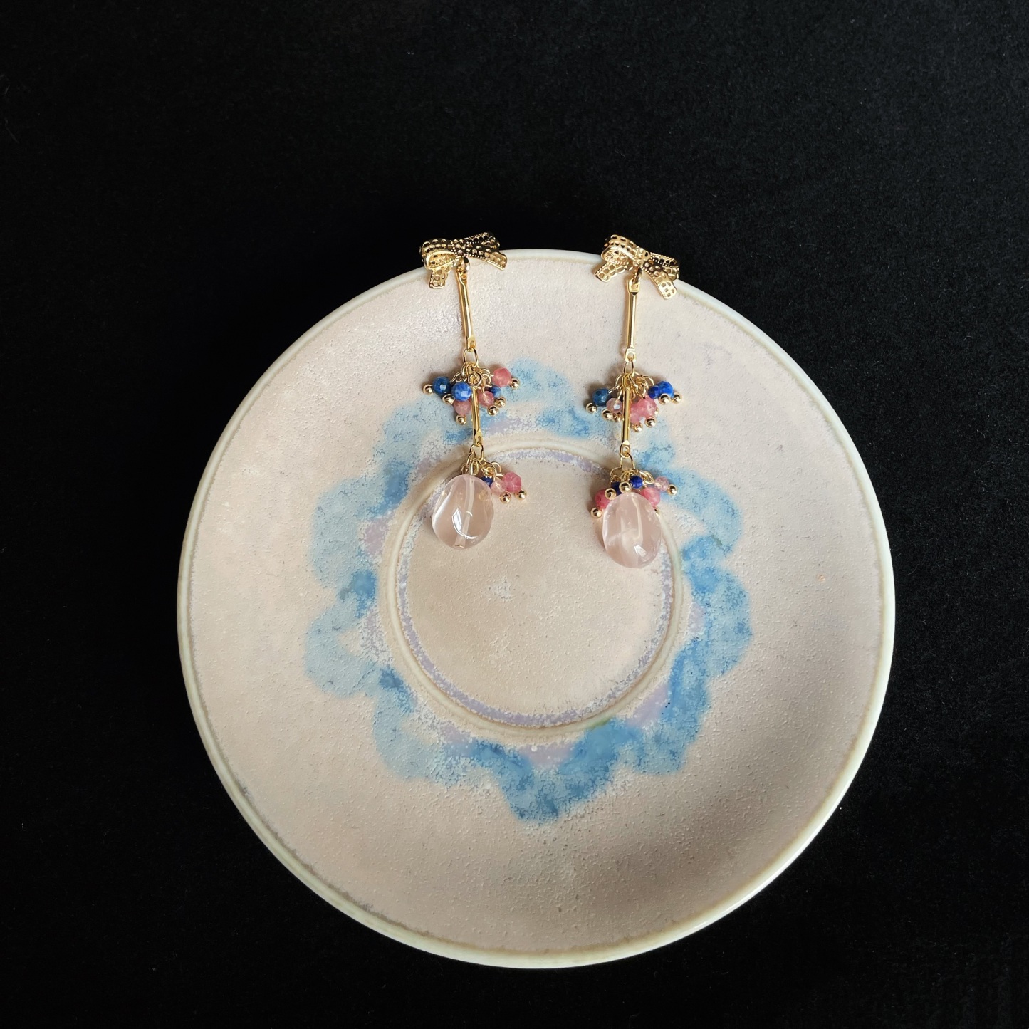 Handmade Dainty Pink Tourmaline and Lapis Lazuli Layered Tassel with Rose Quartz Dangle Drop Earrings