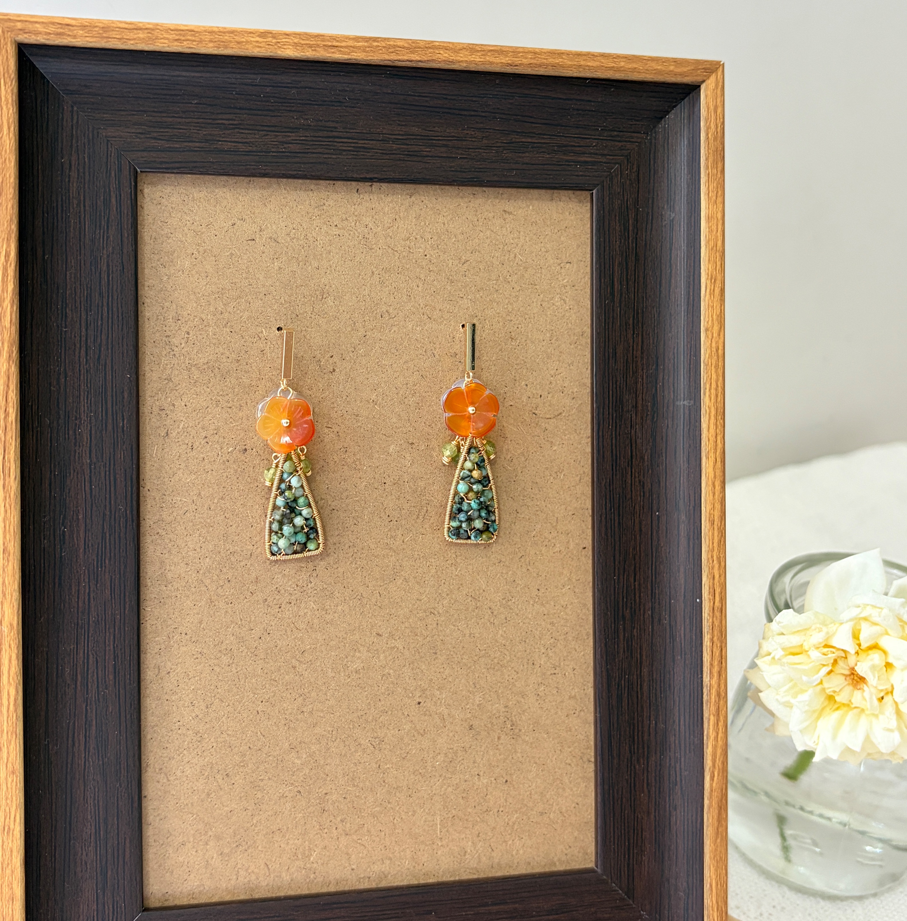 Handmade Message in a Bottle Summer Flower Earrings Indian Agate, Carnelian and Peridot Floral Earrings