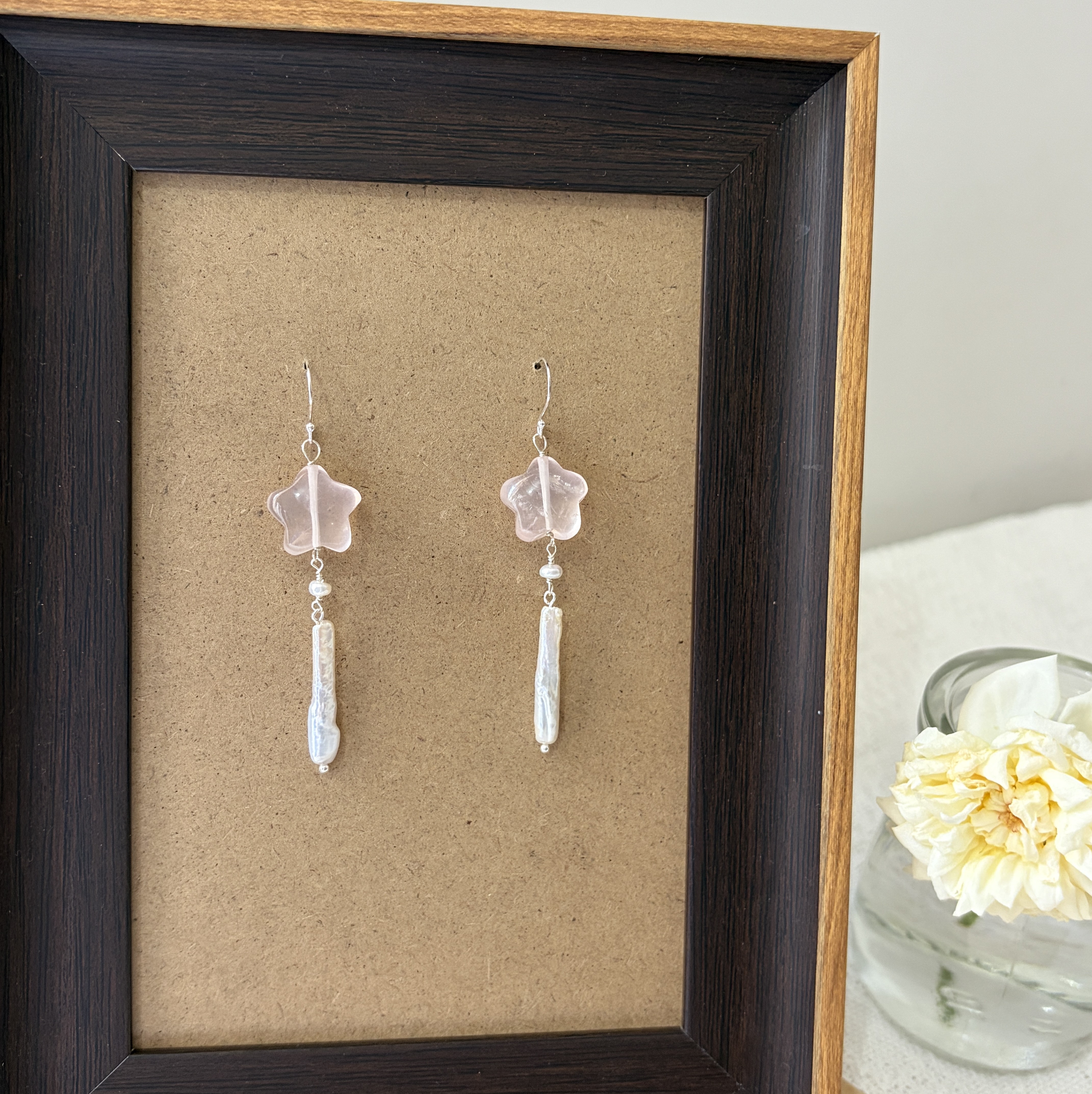 Handmade Pink Starfall Earrings Rose Quartz Star and Baroque Pearl