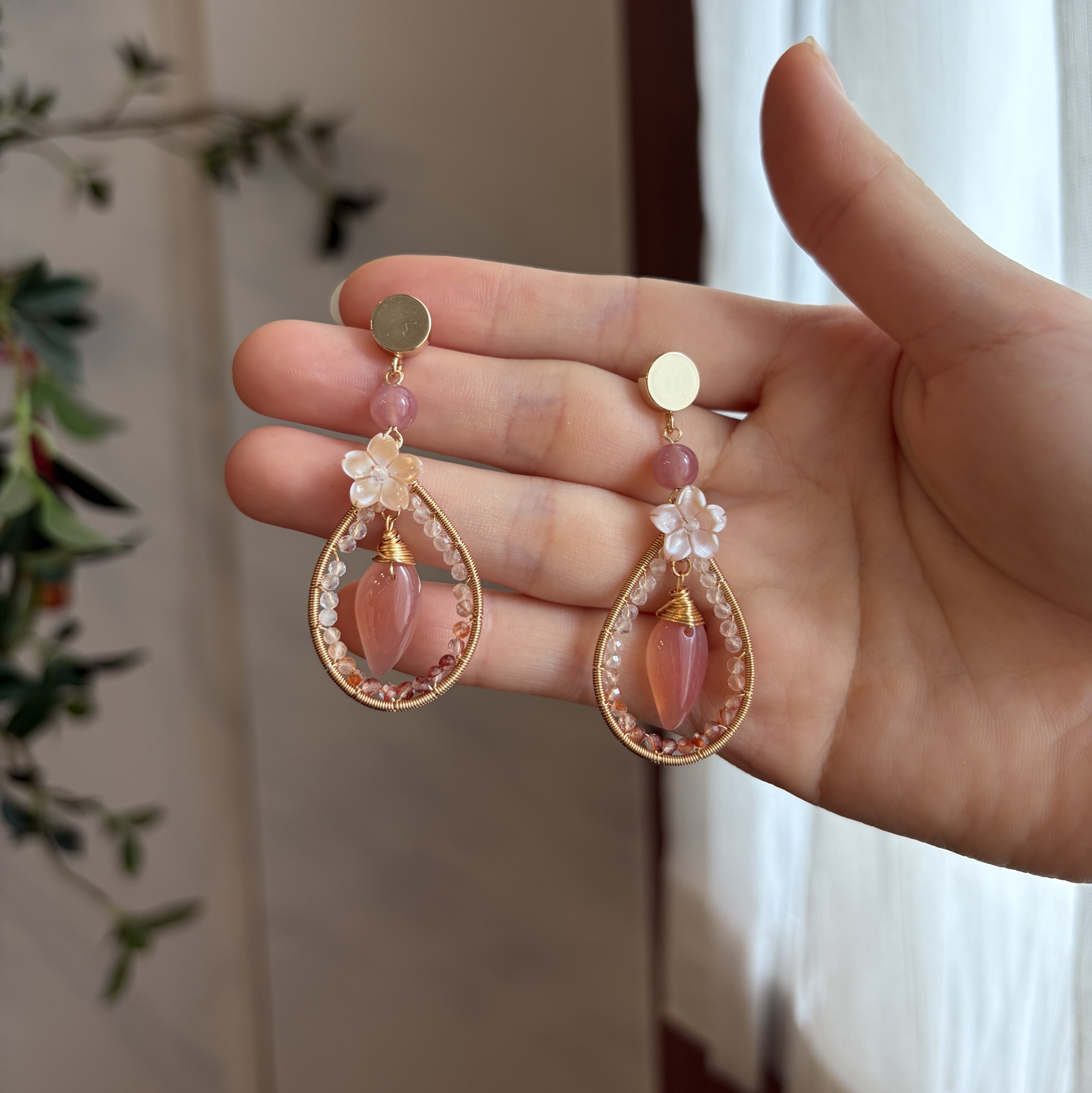 Sunset Blossom Reverie Earrings Handmade Hematoid Quartz Floral Drop Earrings