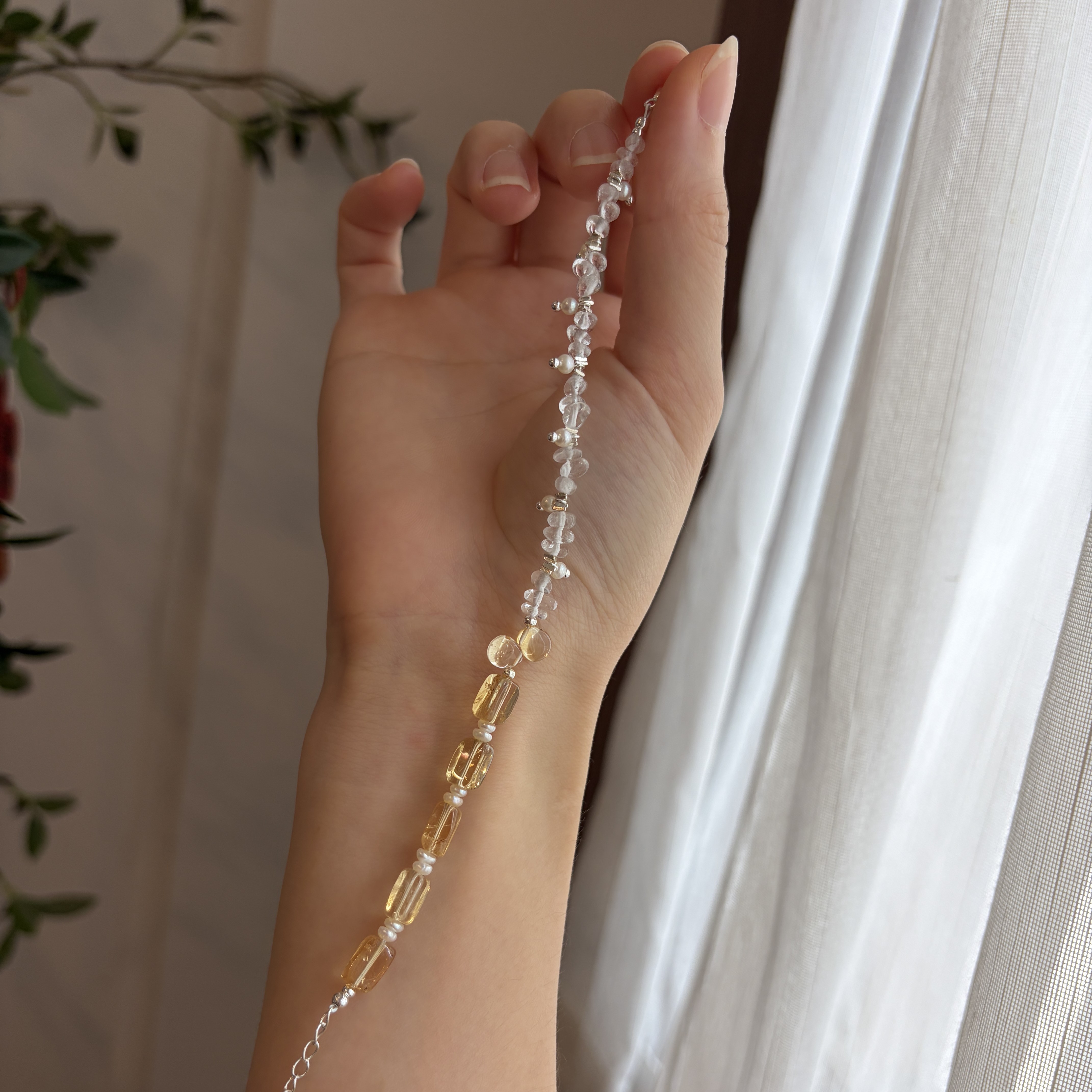 Golden Dewlight Citrine and Clear Quartz Bracelet Handmade Gemstone Pearl Bracelet Minimalist