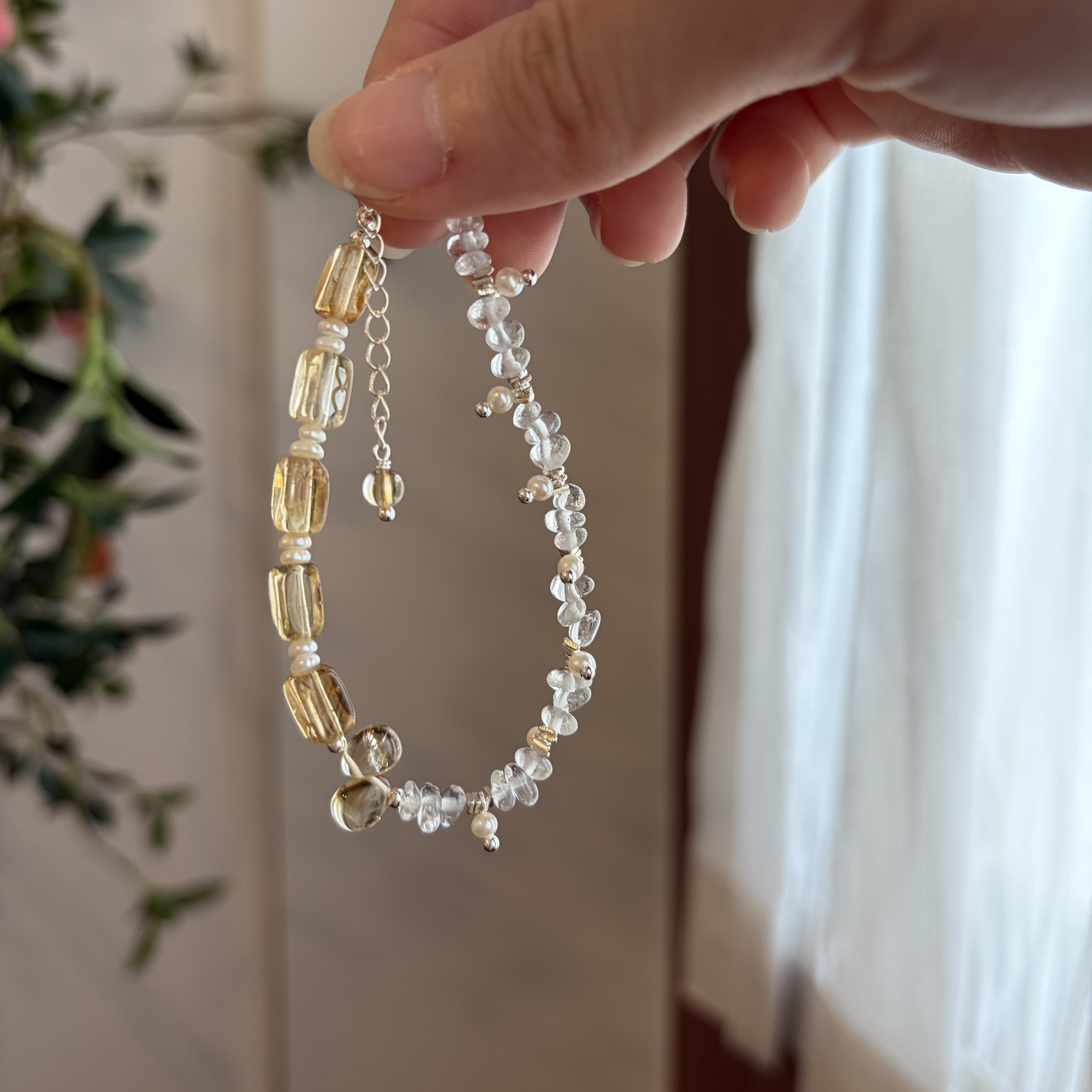 Golden Dewlight Citrine and Clear Quartz Bracelet Handmade Gemstone Pearl Bracelet Minimalist