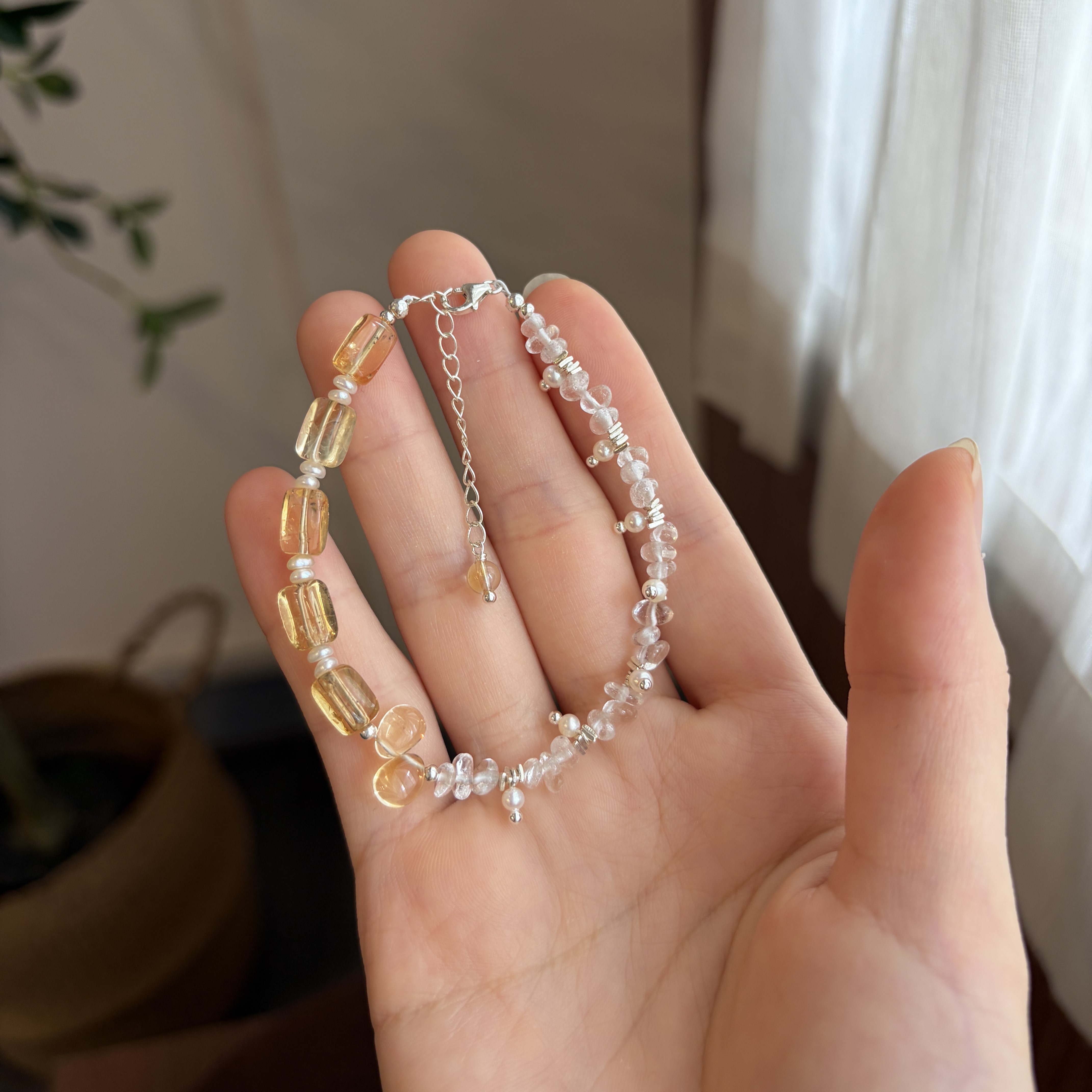 Golden Dewlight Citrine and Clear Quartz Bracelet Handmade Gemstone Pearl Bracelet Minimalist