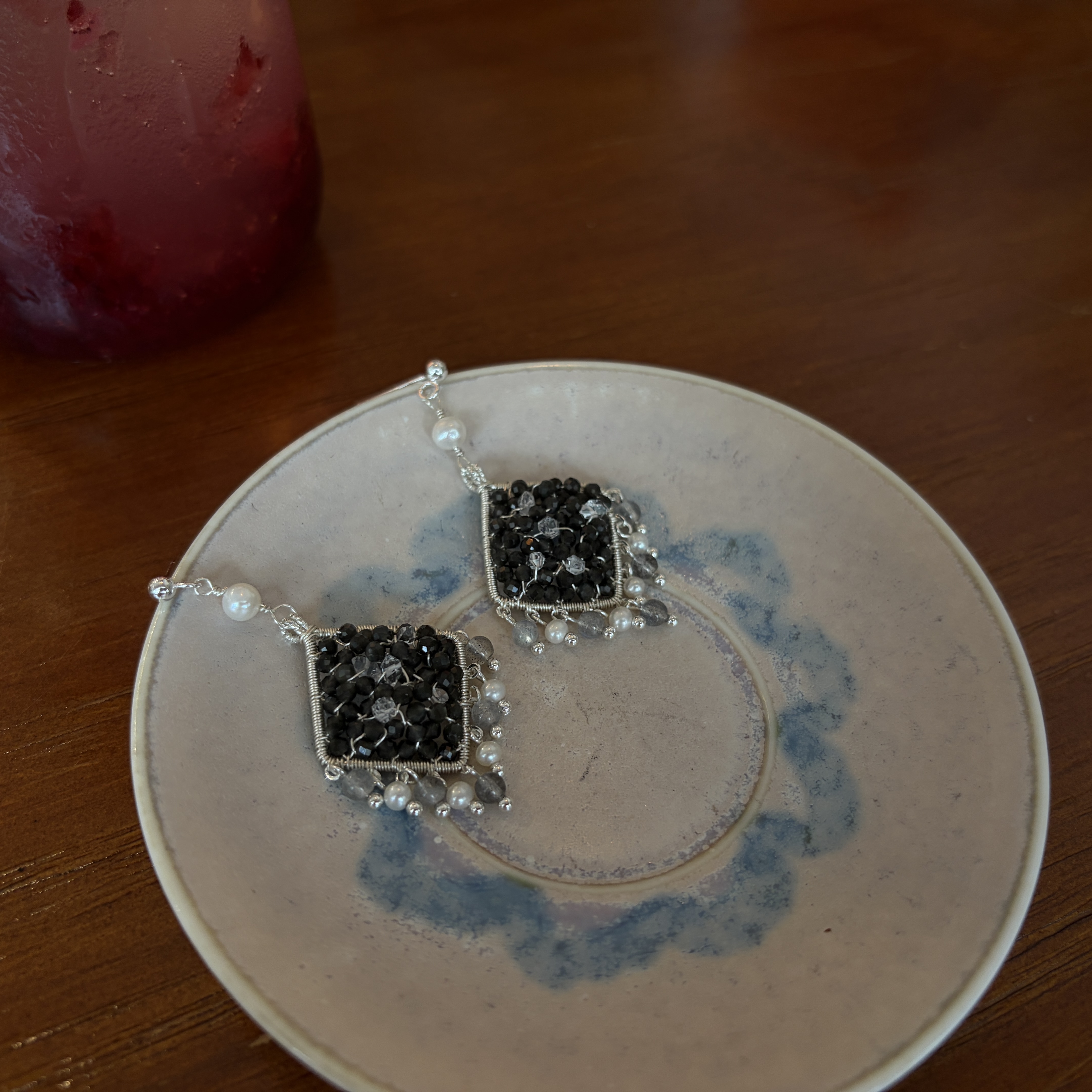 Veil of the Moon Earrings Obsidian, Labradorite & Herkimer Diamond Handmade Earrings 