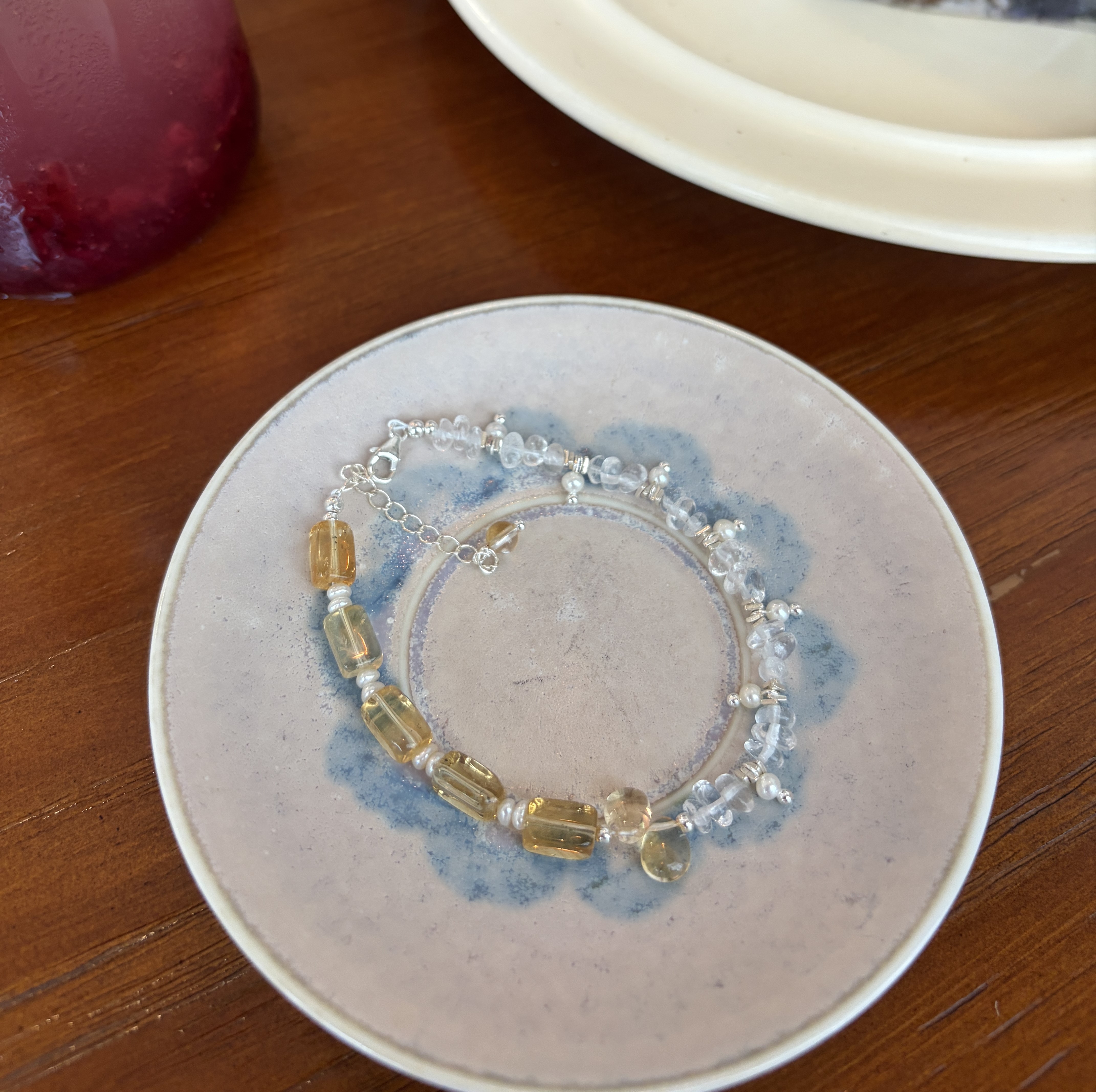 Golden Dewlight Citrine and Clear Quartz Bracelet Handmade Gemstone Pearl Bracelet Minimalist