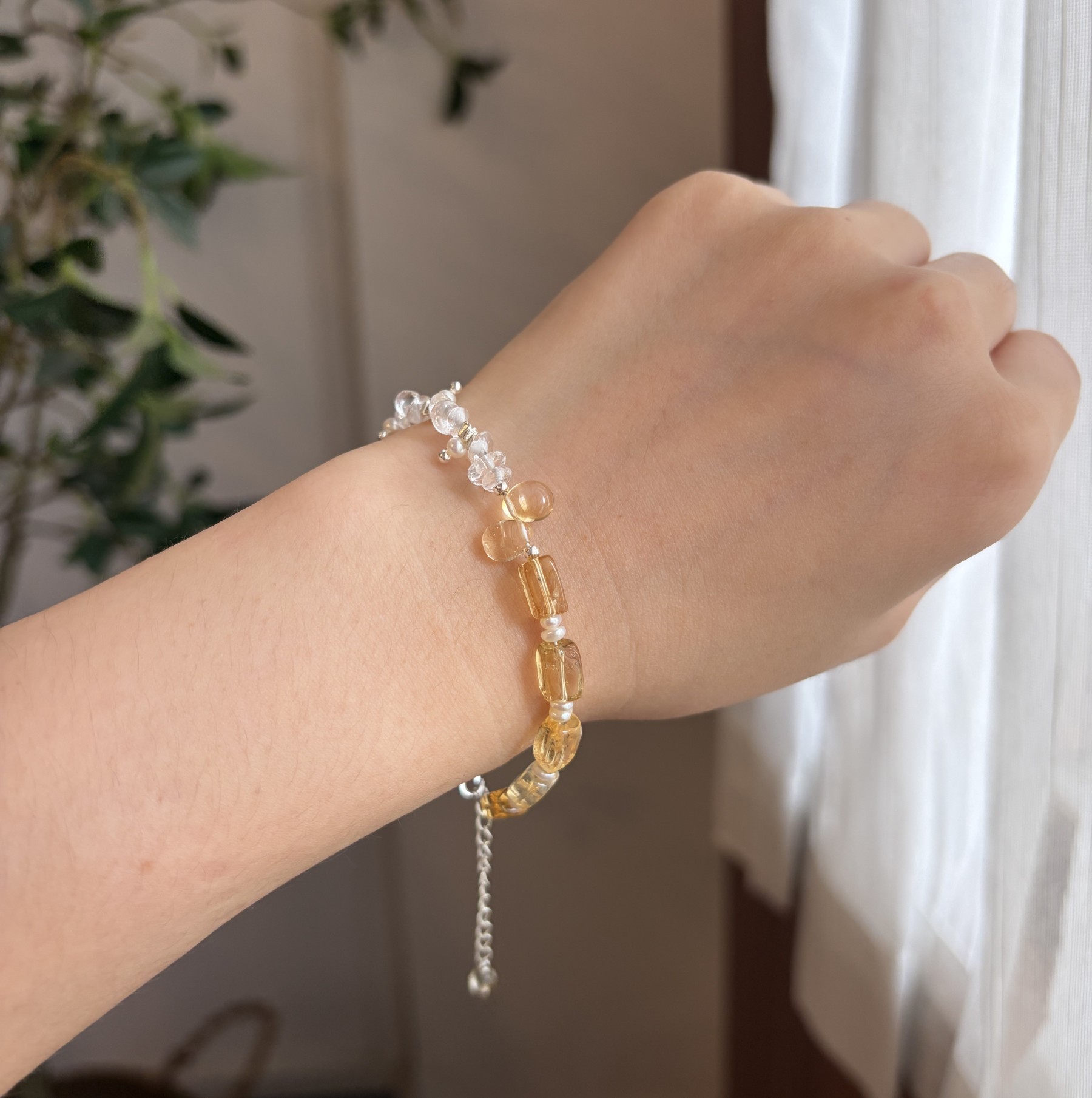 Golden Dewlight Citrine and Clear Quartz Bracelet Handmade Gemstone Pearl Bracelet Minimalist
