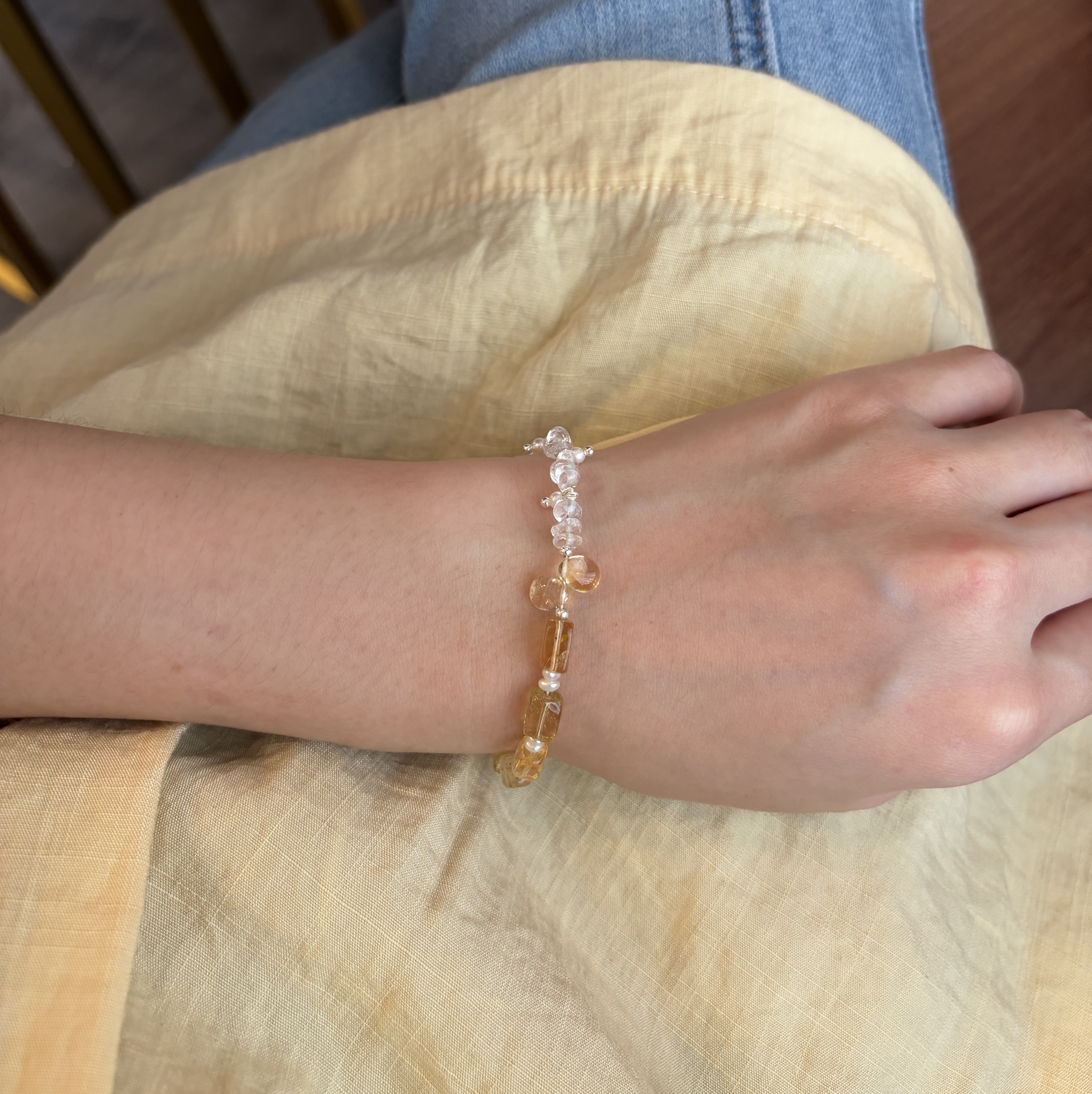 Golden Dewlight Citrine and Clear Quartz Bracelet Handmade Gemstone Pearl Bracelet Minimalist