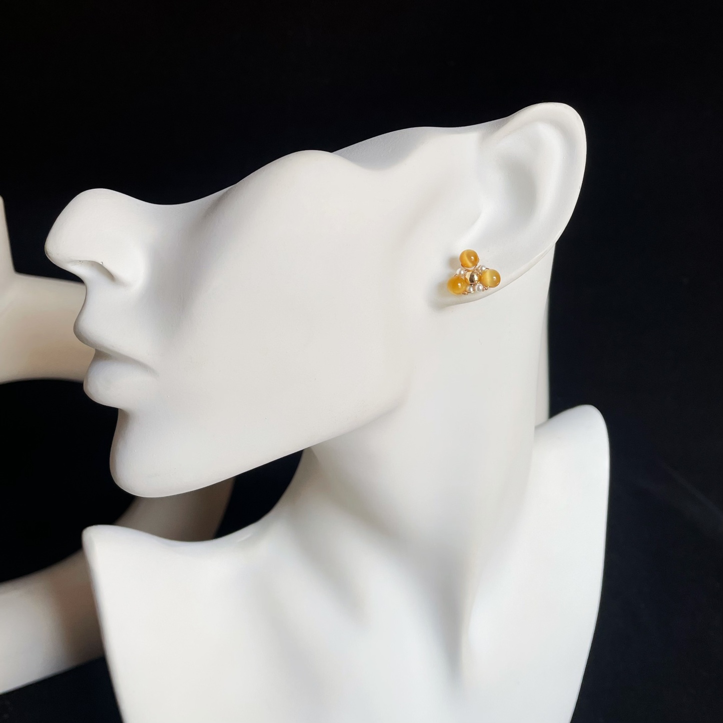 Handmade Minimalist Golden Tiger’s Eye and Pearl Triangle Stud Earrings