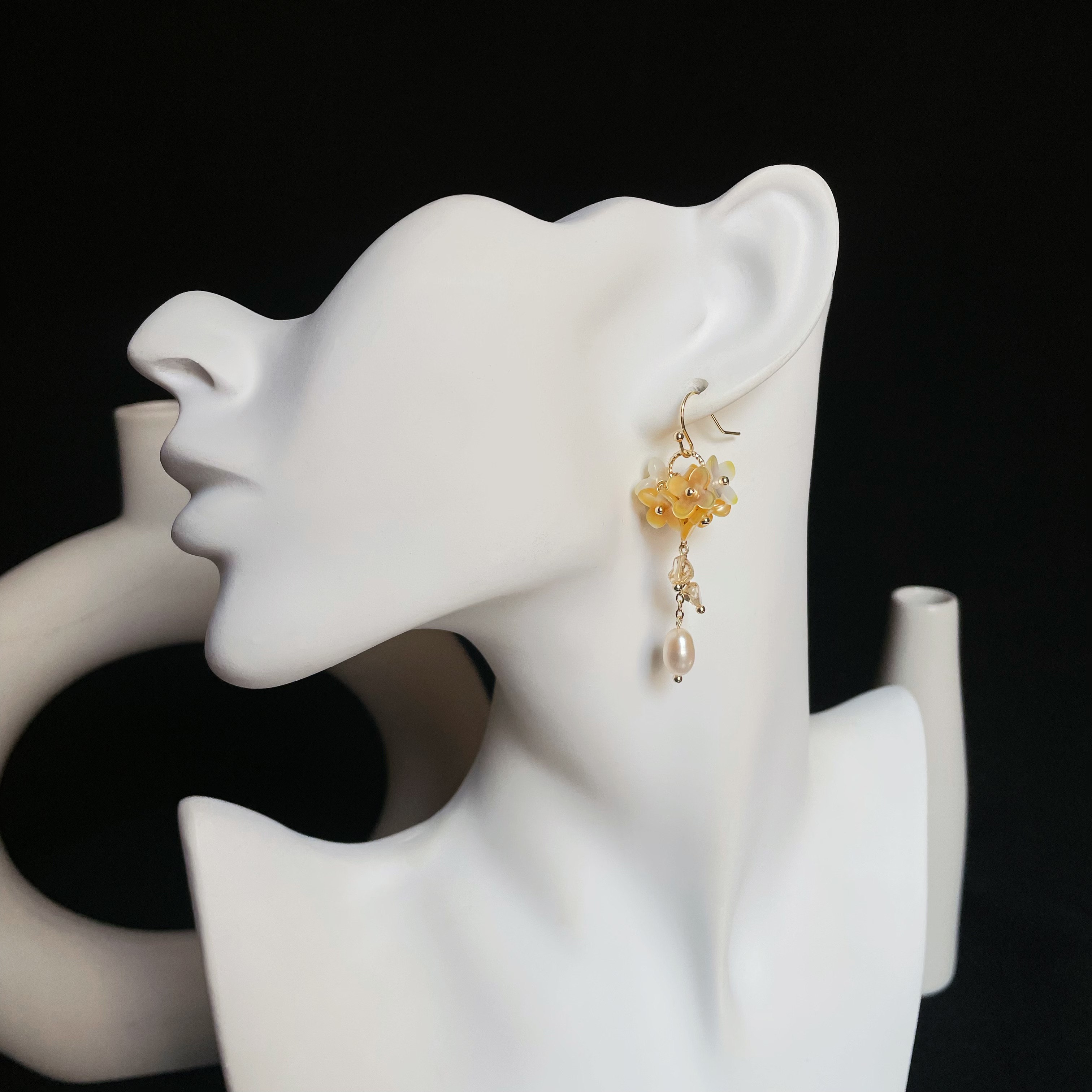 Handmade Osmania Blossom Yellow Shell Flower with Citrine and Pearl Drops