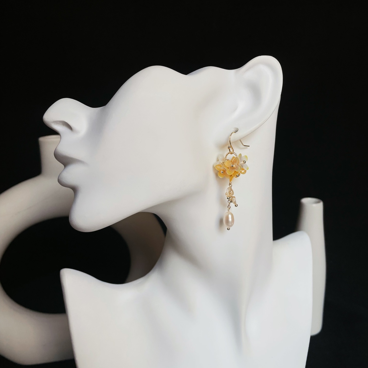 Handmade Osmania Blossom Yellow Shell Flower with Citrine and Pearl Drops