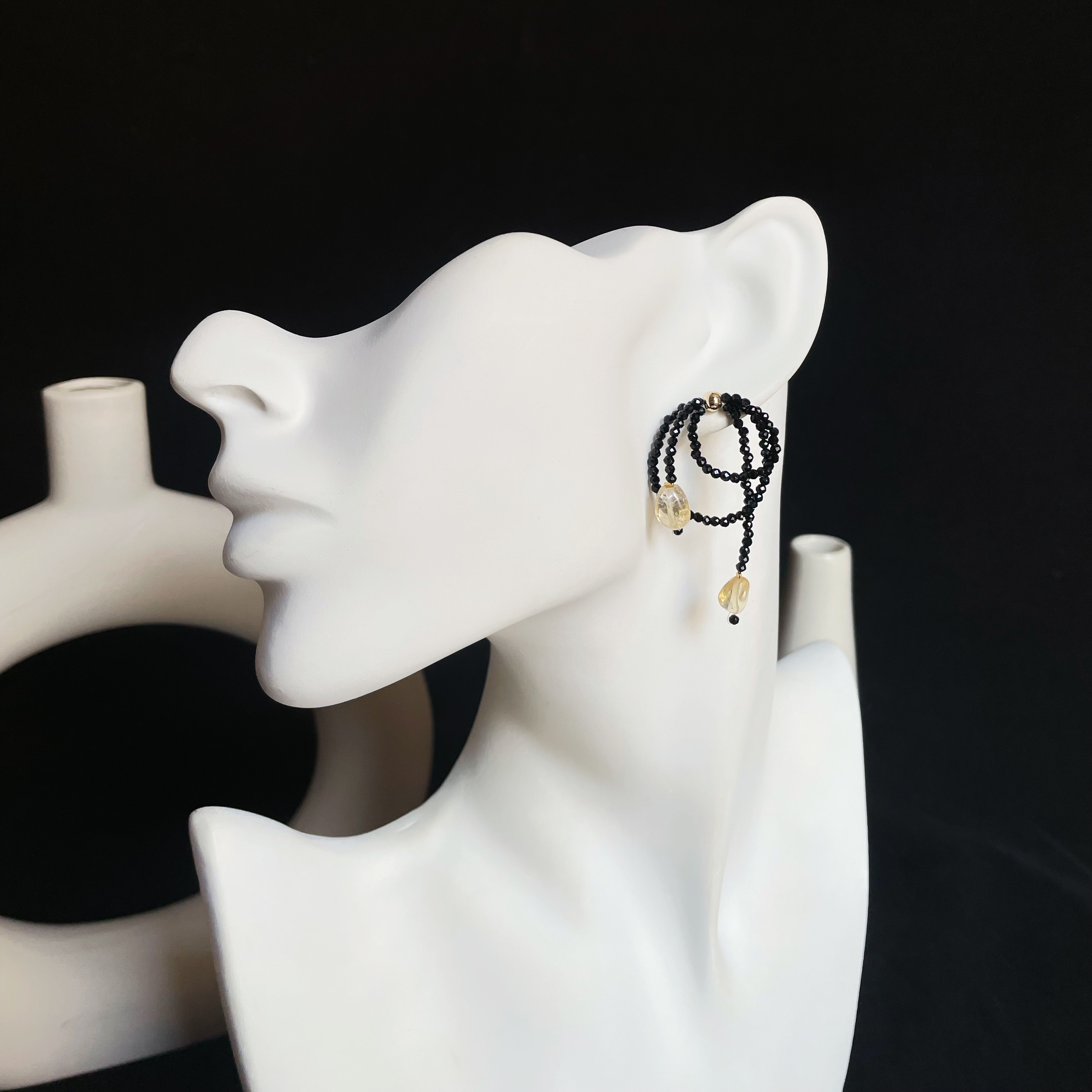 Handmade Black Spinel Layered Hoop Earrings with Citrine Drops