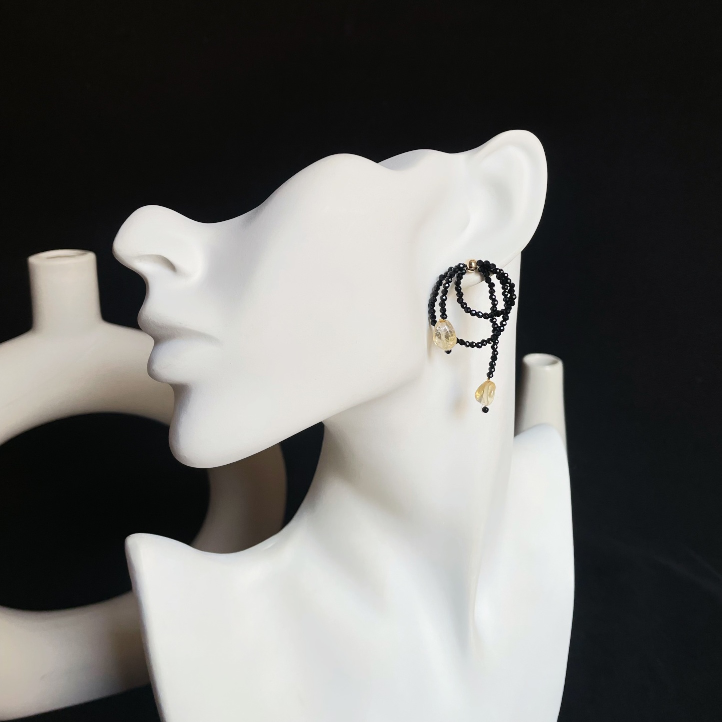 Handmade Black Spinel Layered Hoop Earrings with Citrine Drops