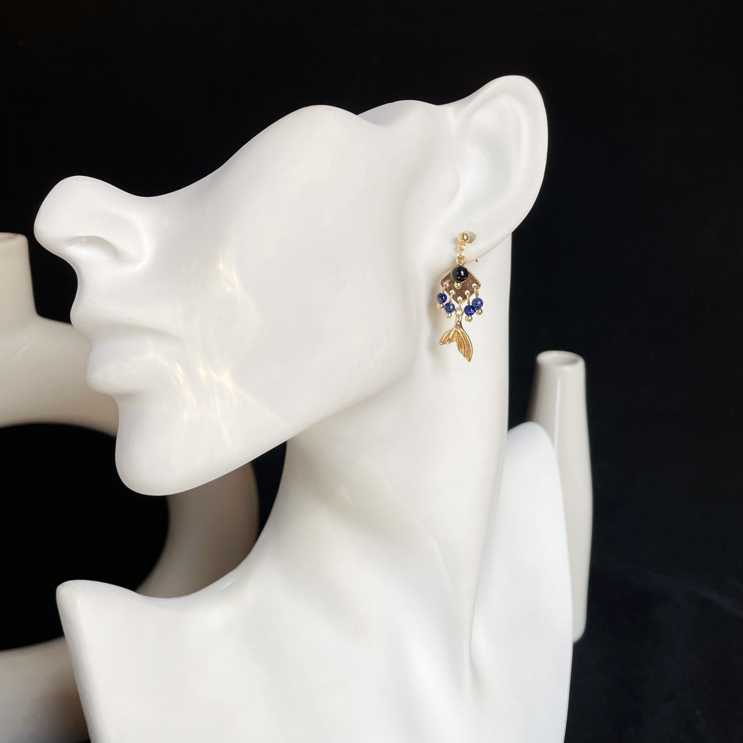 Handmade Lapis Lazuli Dangle with Black Onyx Little Fish Earrings 