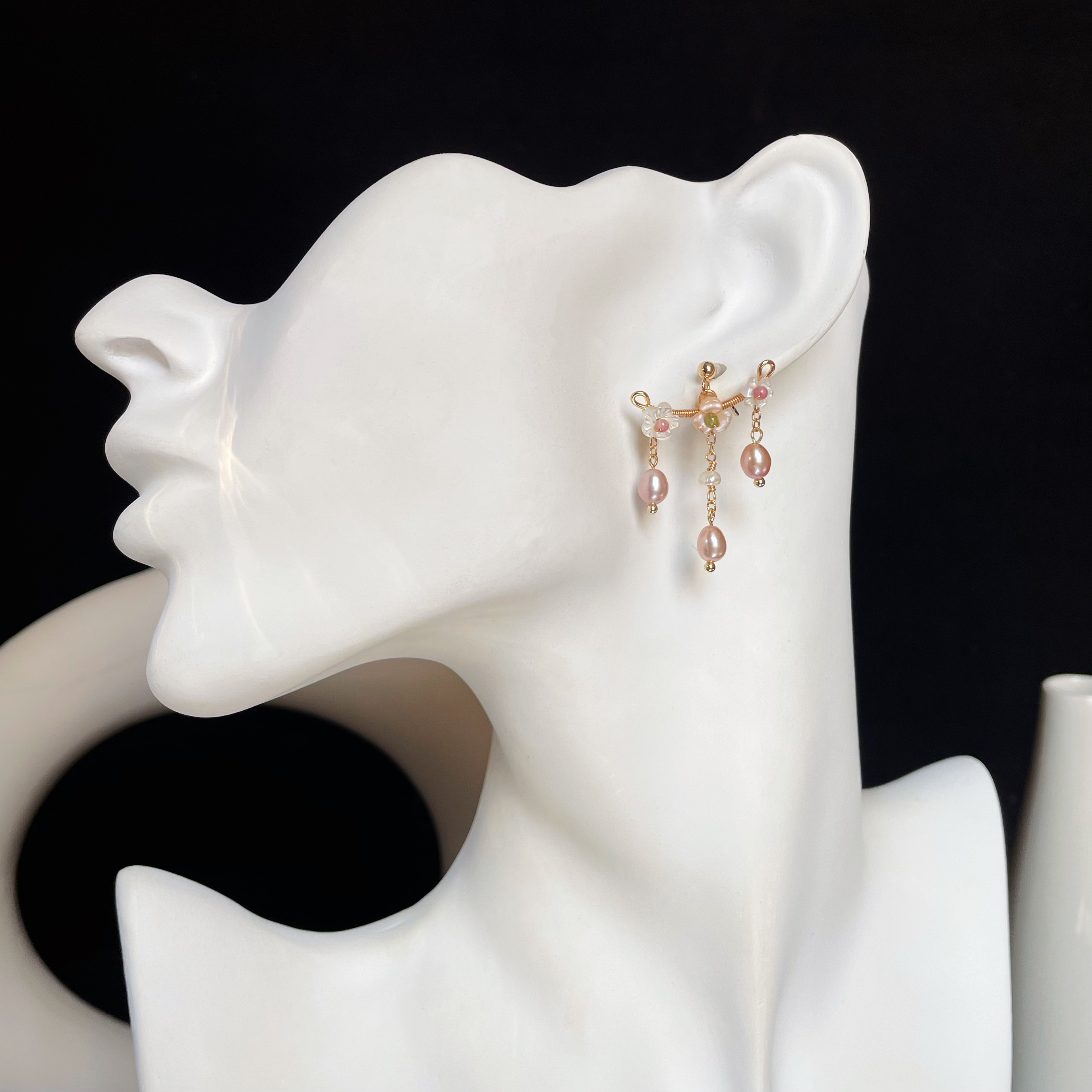 Handmade Ear Cuff Floral Earrings Mother-of-Pearl Blossoms with Tourmaline Centers and Lilac Pearl Tassels