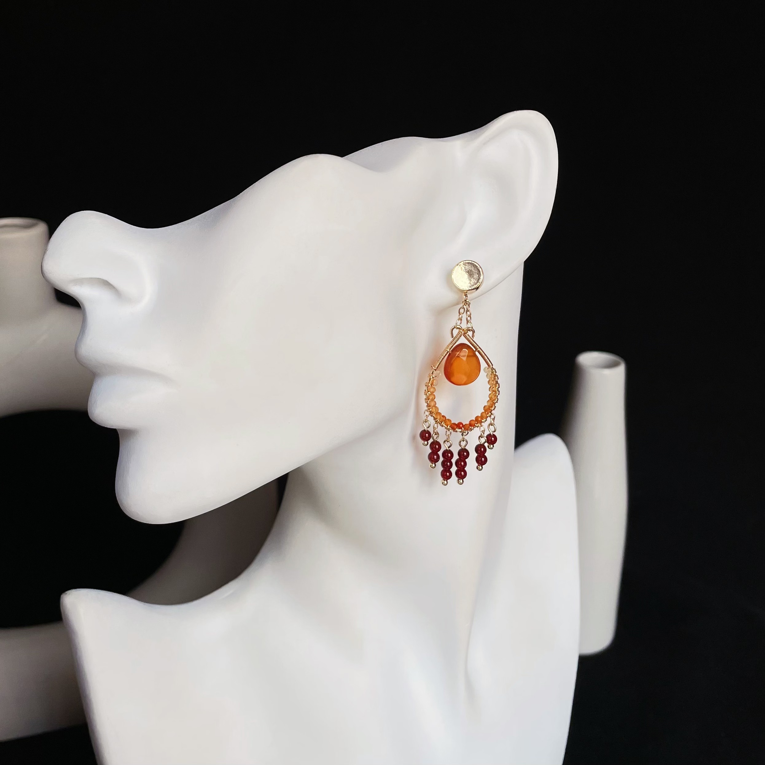 Handmade Carnelian Wirewrapped Teardrop Earrings with Carnelian Teardrop Center and Tassel 