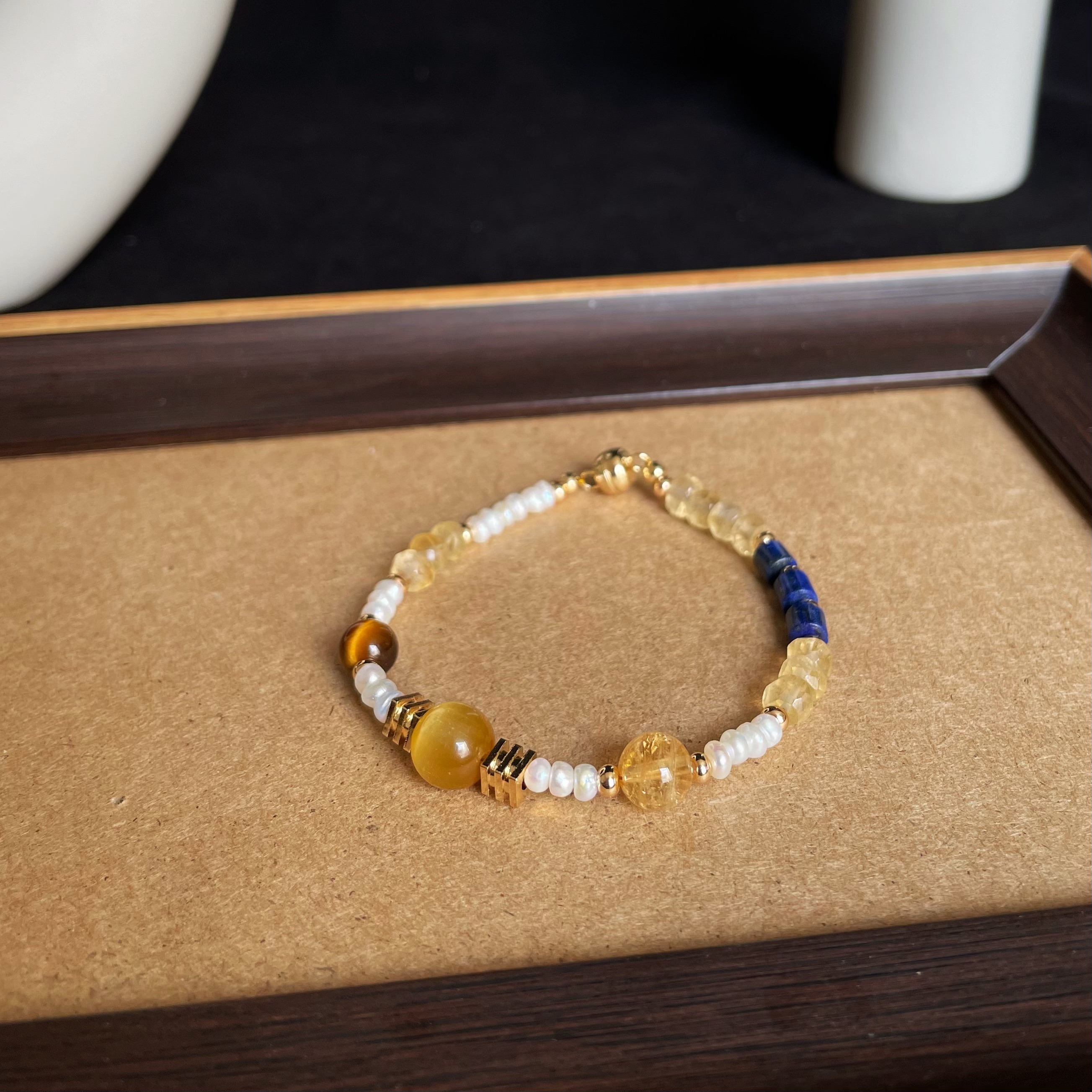 Handmade Planetary Energy Bracelet Made of Citrine, Lapis Lazuli, Tiger’s Eye and Freshwater Pearl
